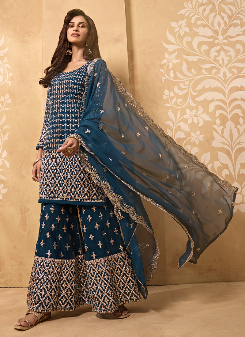 Blue Georgette Kurta Set With Embroidery - Sequins, Matti And Zari Embroidery