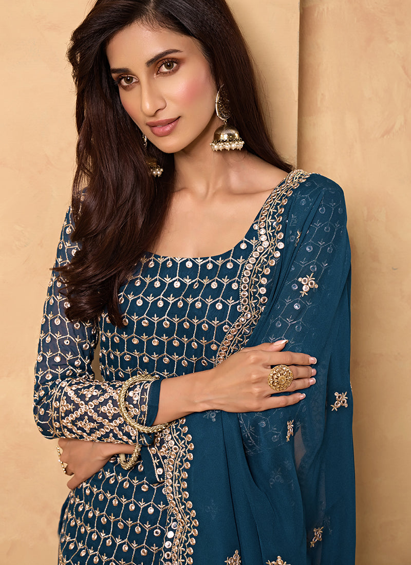 Blue Georgette Kurta Set With Embroidery - Sequins, Matti And Zari Embroidery