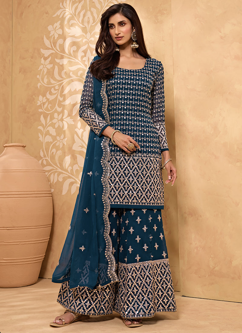Blue Georgette Kurta Set With Embroidery - Sequins, Matti And Zari Embroidery