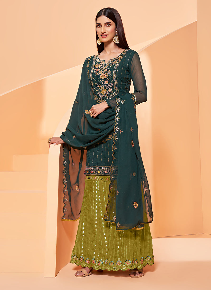 Darkgreen Pure Georgette Kurta Set With Embroidery - Sequins, Thread And Zari Embroidery, Khatli Work