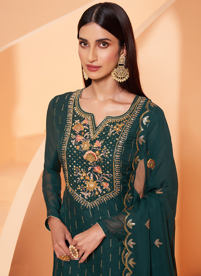 Darkgreen Pure Georgette Kurta Set With Embroidery - Sequins, Thread And Zari Embroidery, Khatli Work