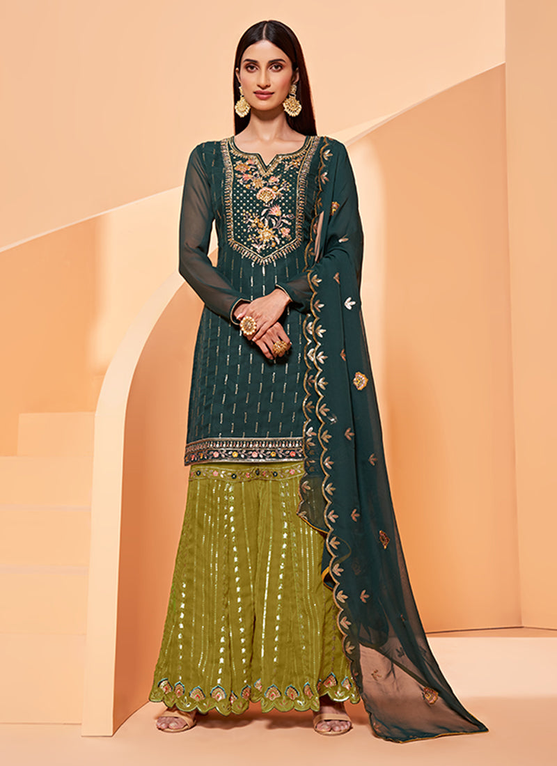 Darkgreen Pure Georgette Kurta Set With Embroidery - Sequins, Thread And Zari Embroidery, Khatli Work