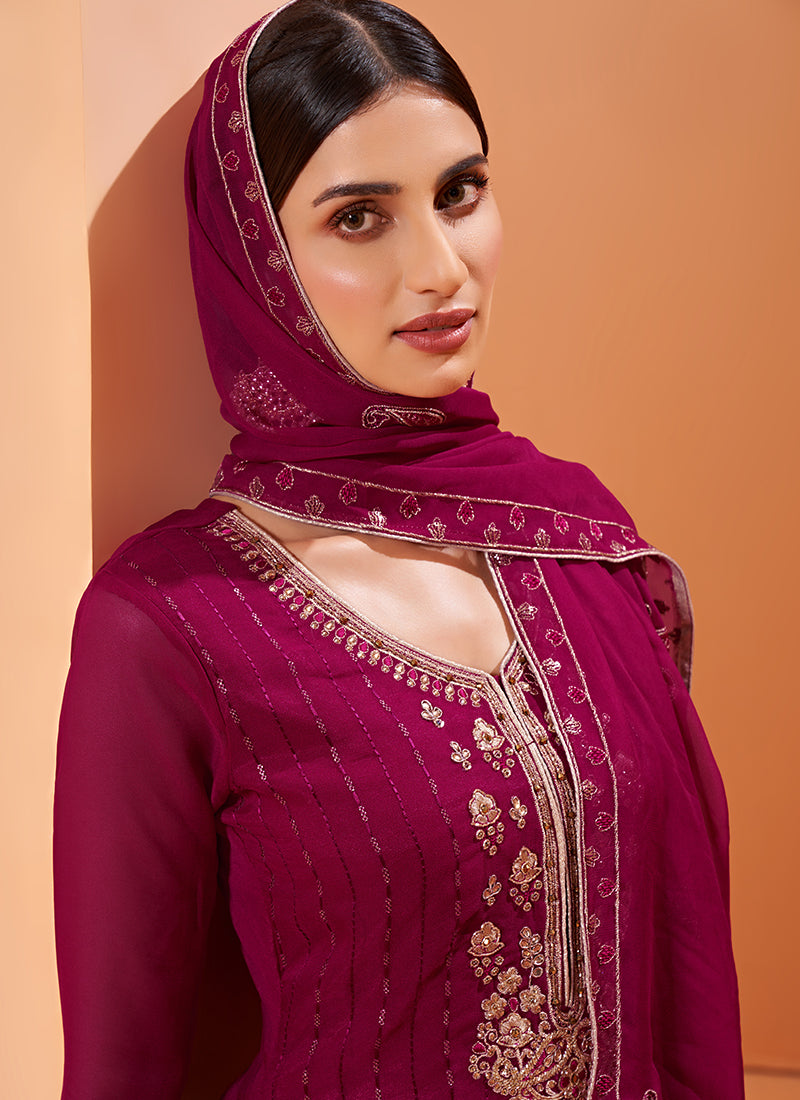 Magenta Pure Georgette Kurta Set With Embroidery - Sequins, Thread And Zari Embroidery, Khatli Work