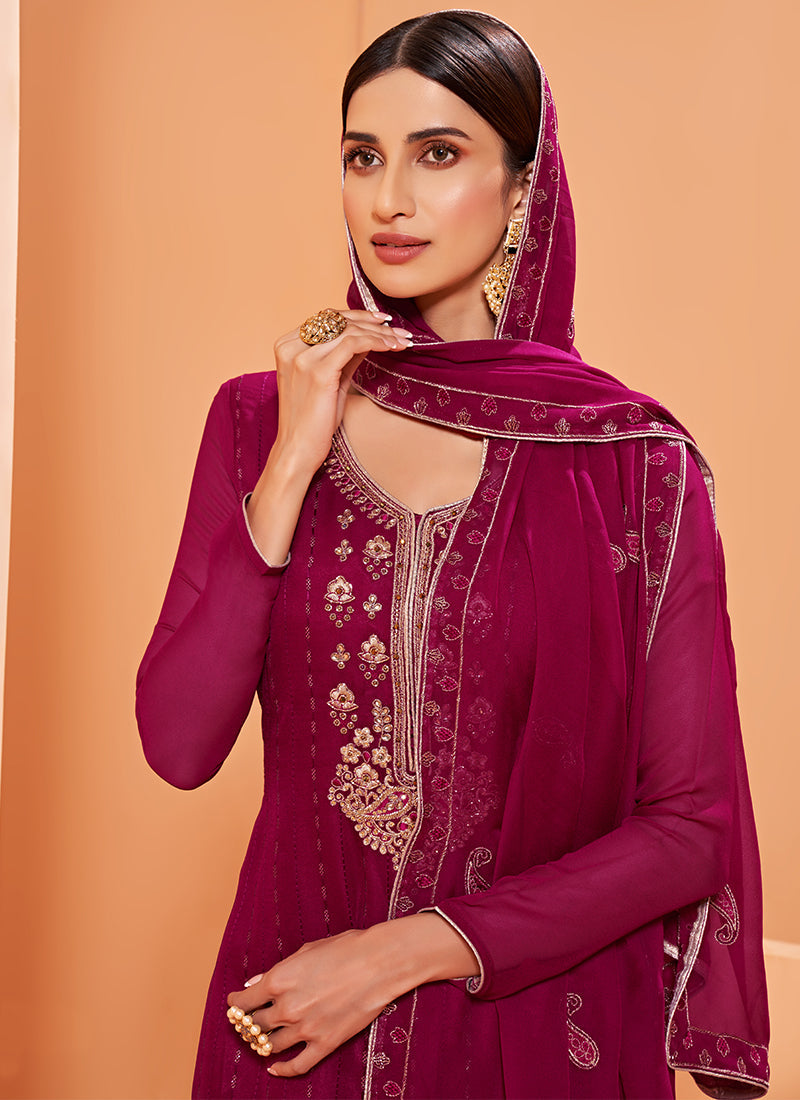 Magenta Pure Georgette Kurta Set With Embroidery - Sequins, Thread And Zari Embroidery, Khatli Work