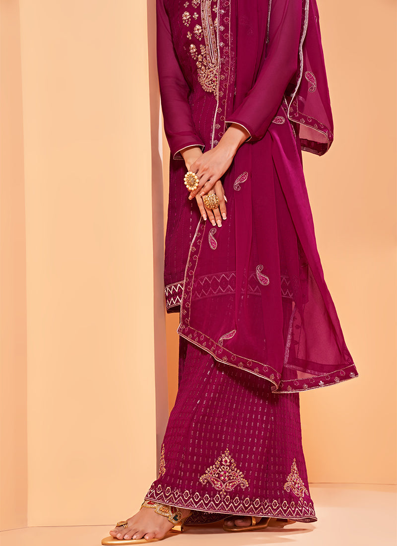 Magenta Pure Georgette Kurta Set With Embroidery - Sequins, Thread And Zari Embroidery, Khatli Work