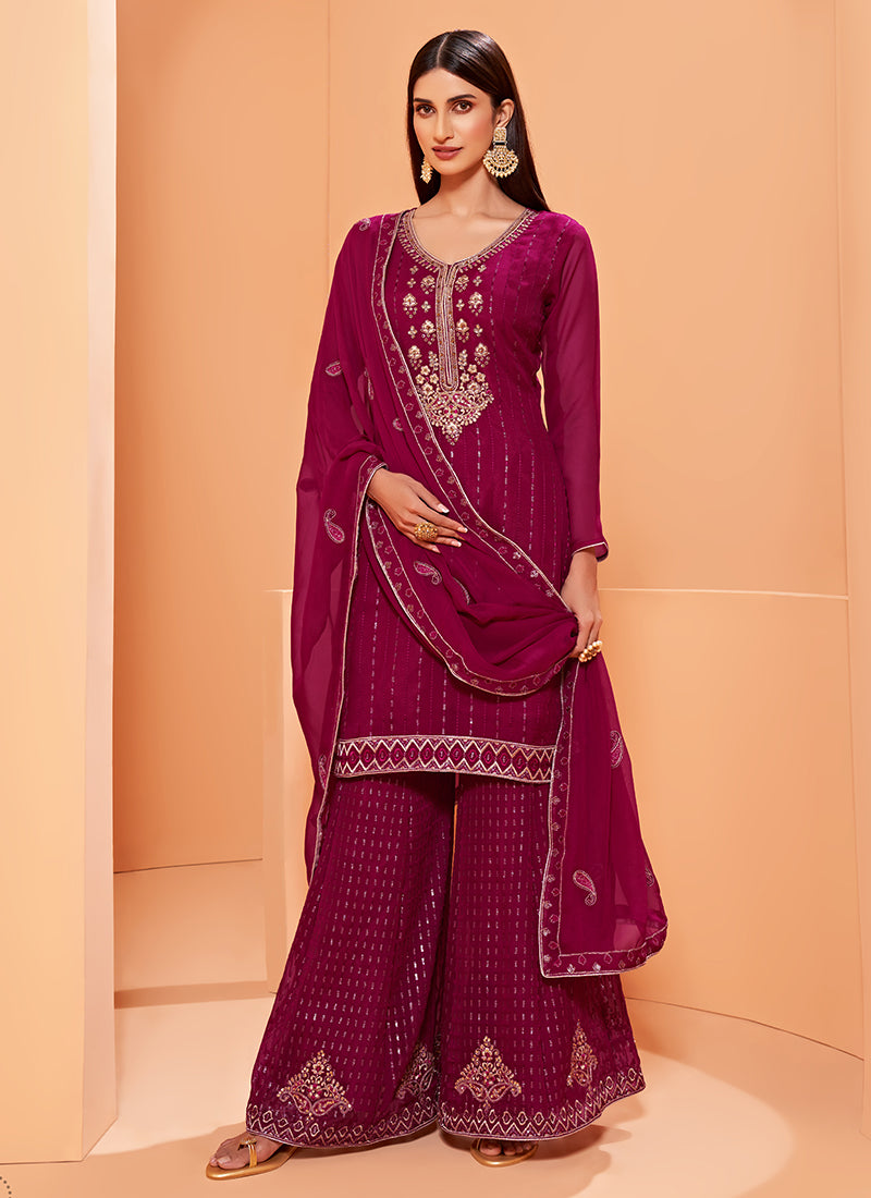 Magenta Pure Georgette Kurta Set With Embroidery - Sequins, Thread And Zari Embroidery, Khatli Work