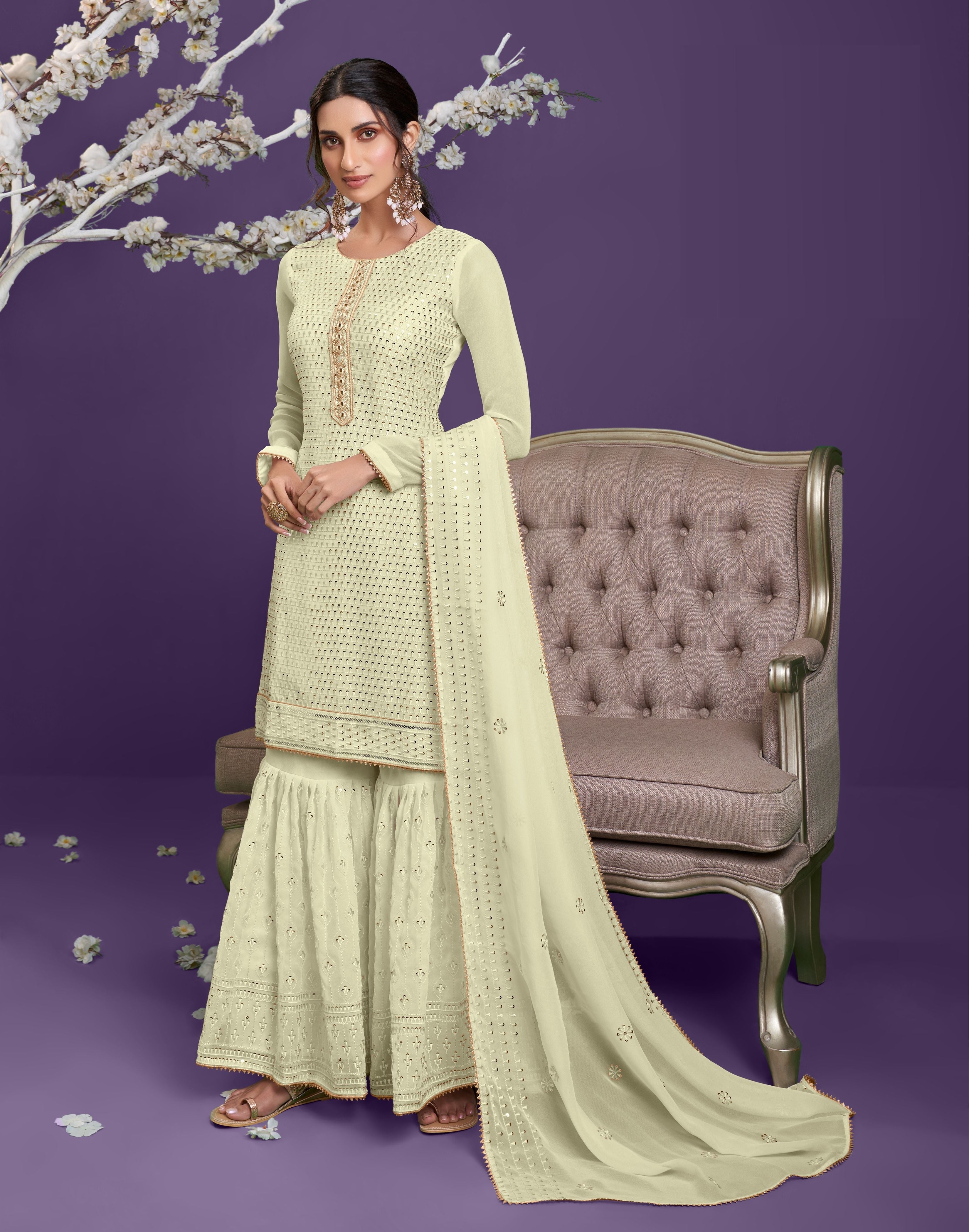 LemonYellow Georgette Kurta Set With Embroidery - Beautifully Crafted With Thread And Sequins Embroidery And Khatli