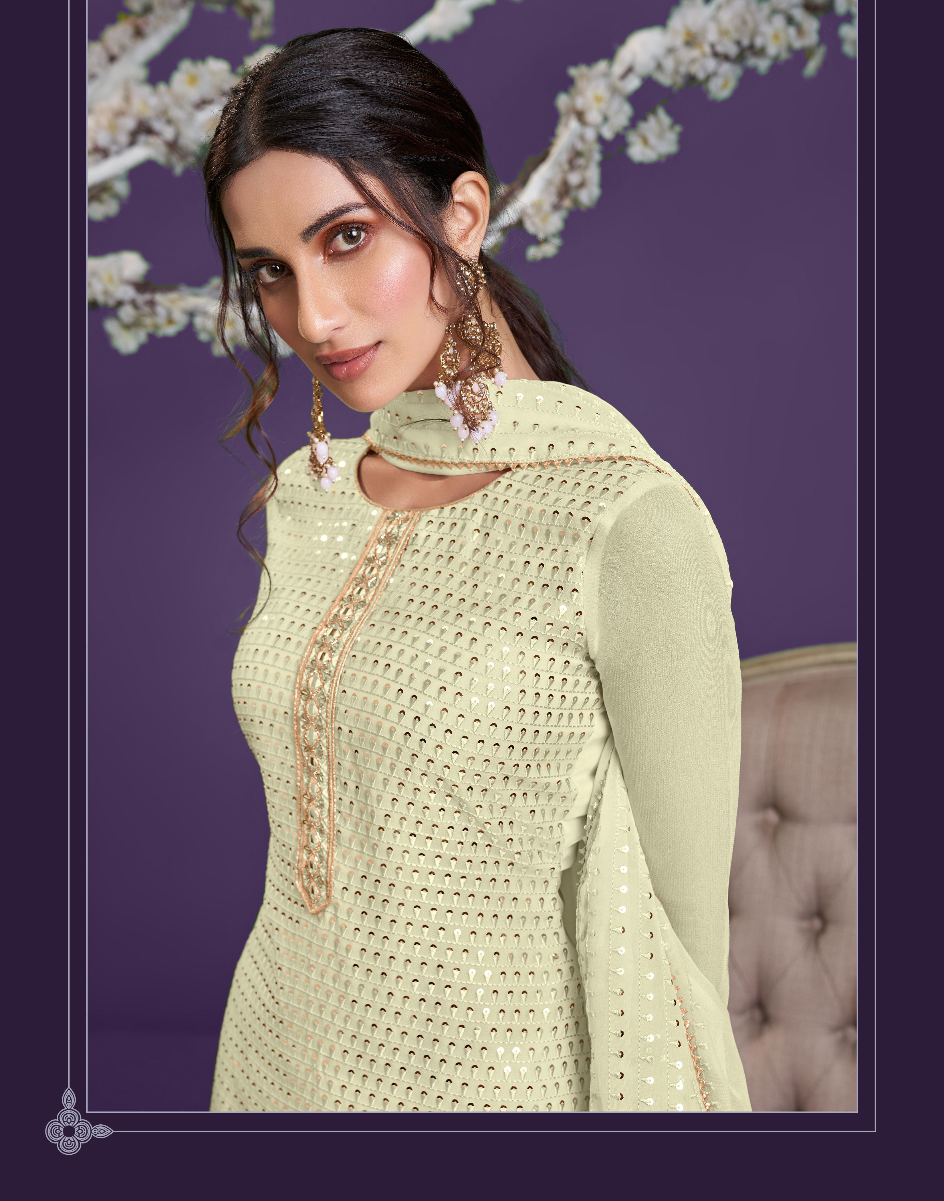 LemonYellow Georgette Kurta Set With Embroidery - Beautifully Crafted With Thread And Sequins Embroidery And Khatli