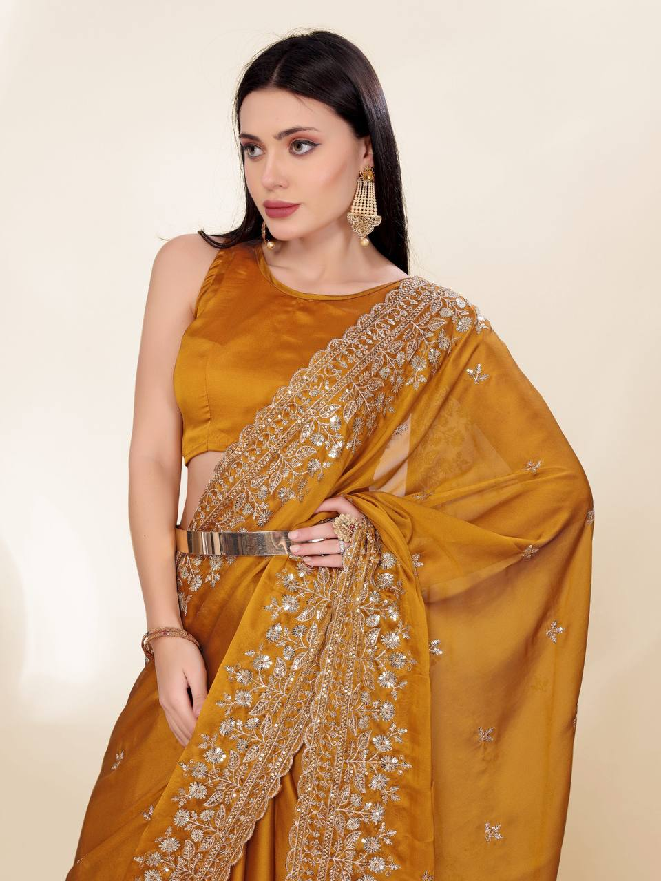 Mustard Designer Party Wear Chinon Silk Saree