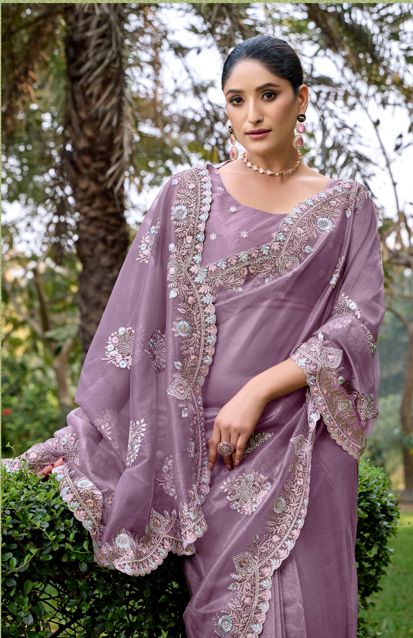 Lavender Designer Party Wear Twill Net Saree