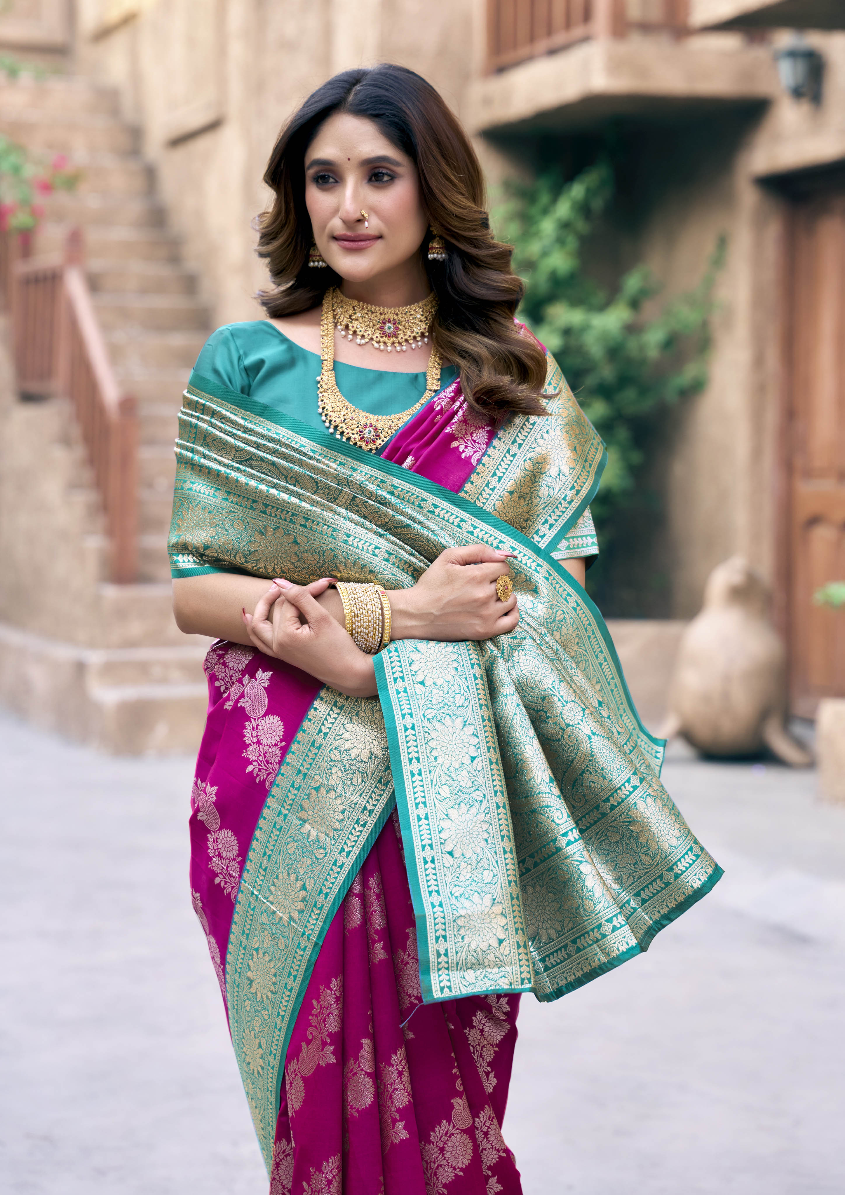 Rani pink Designer Party Wear Silk Saree