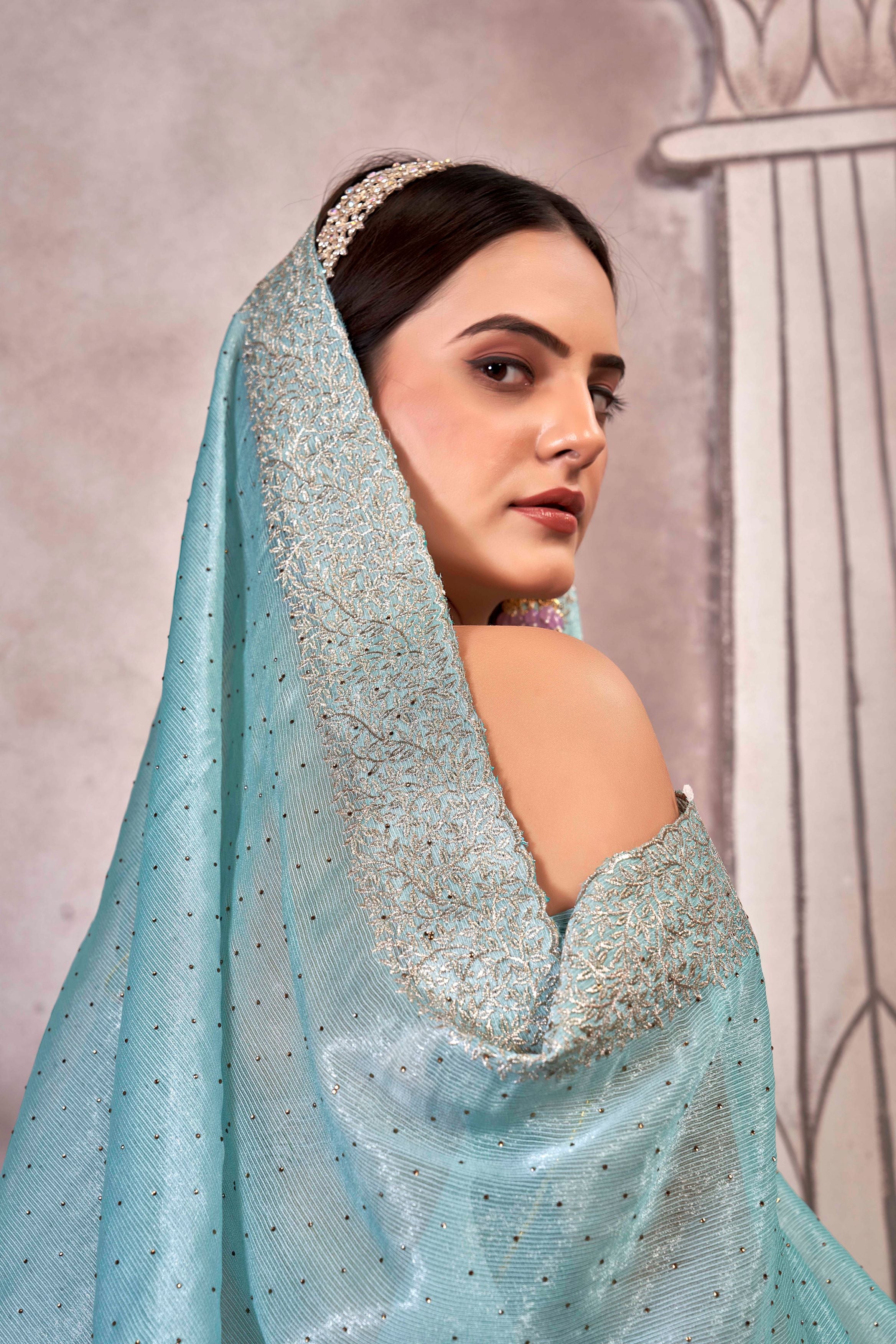 Sky Blue Designer Party Wear Sitara Saree