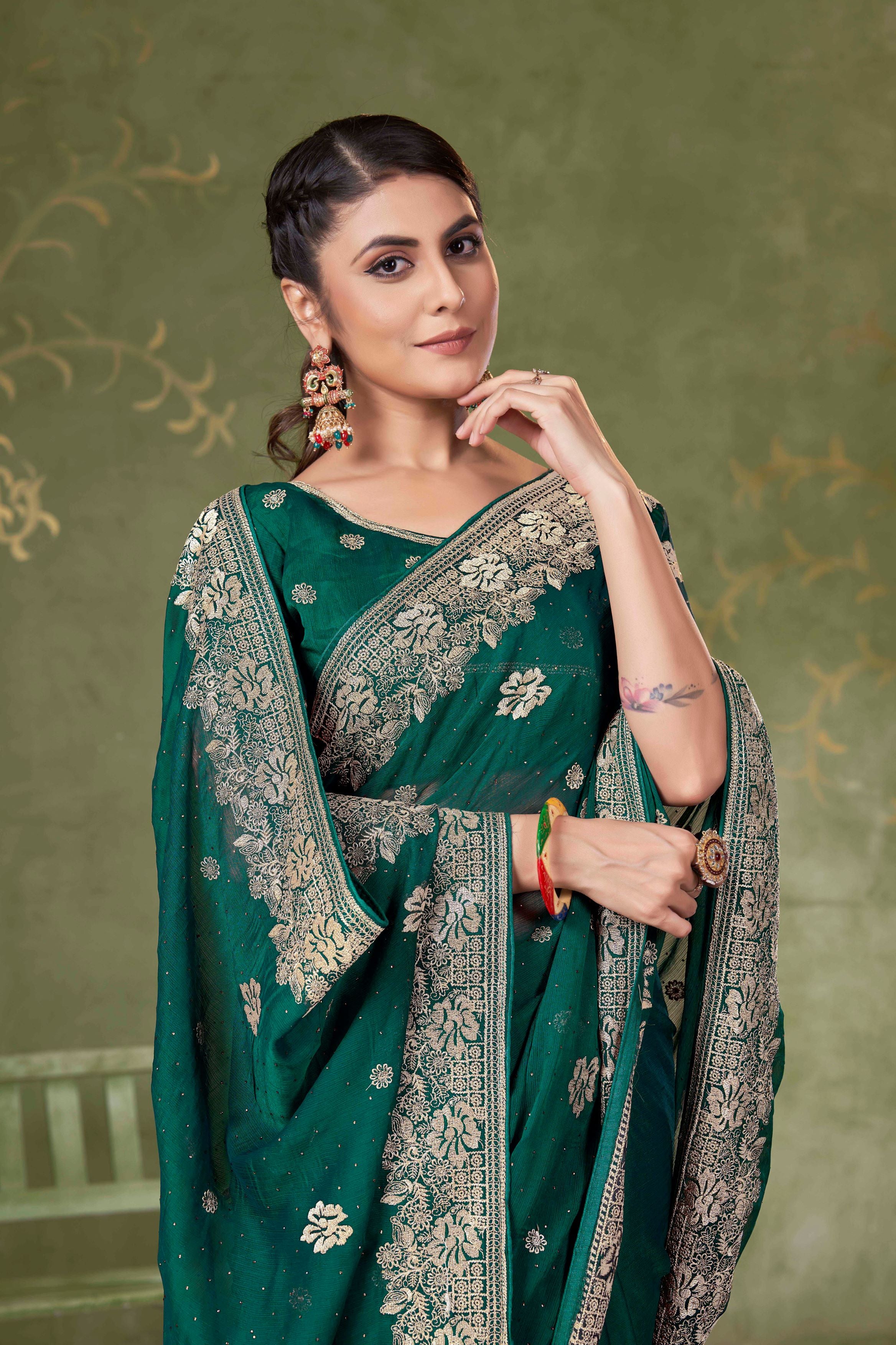 Green Designer Party Wear Samundar Chiffon Saree