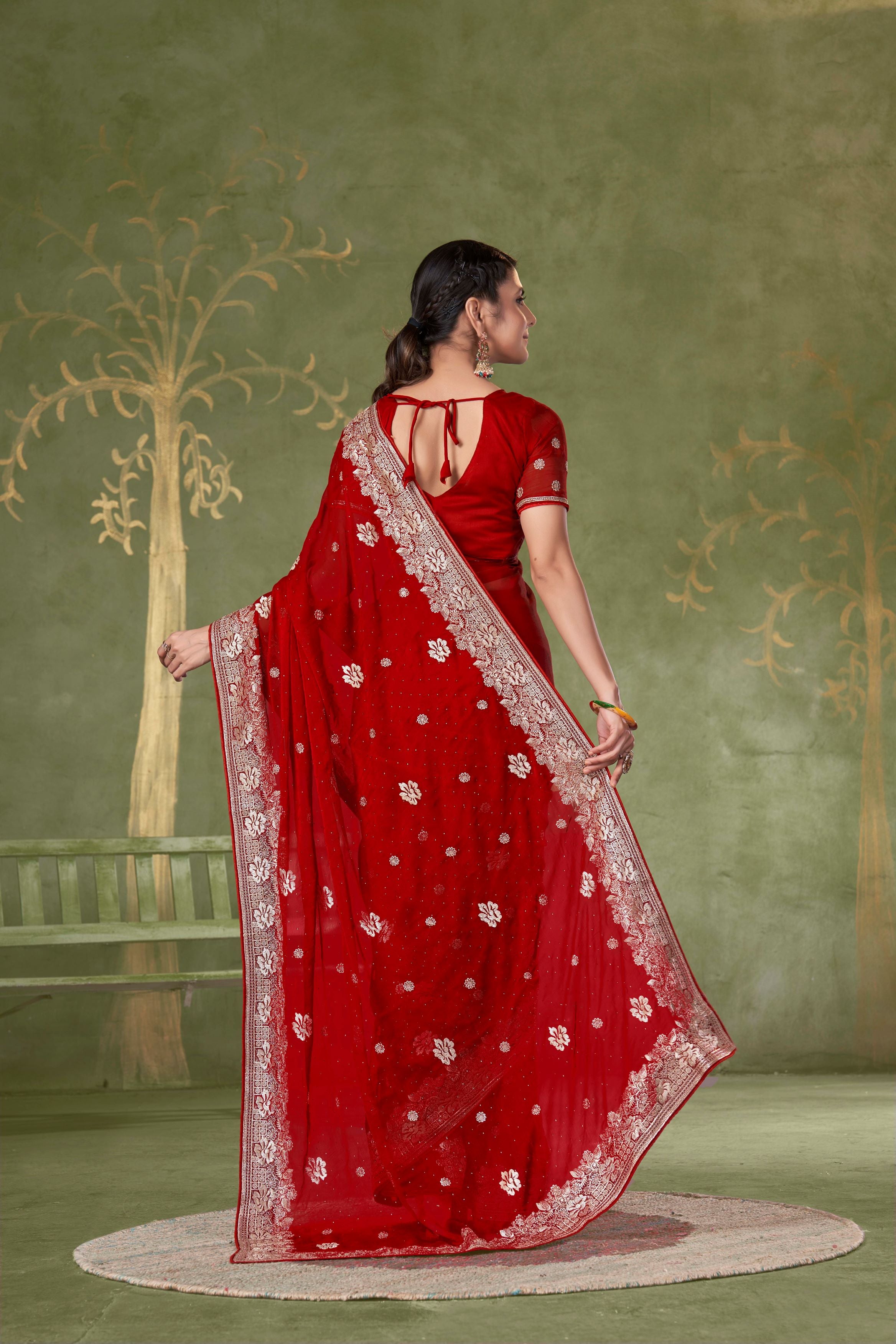 Red Designer Party Wear Samundar Chiffon Saree