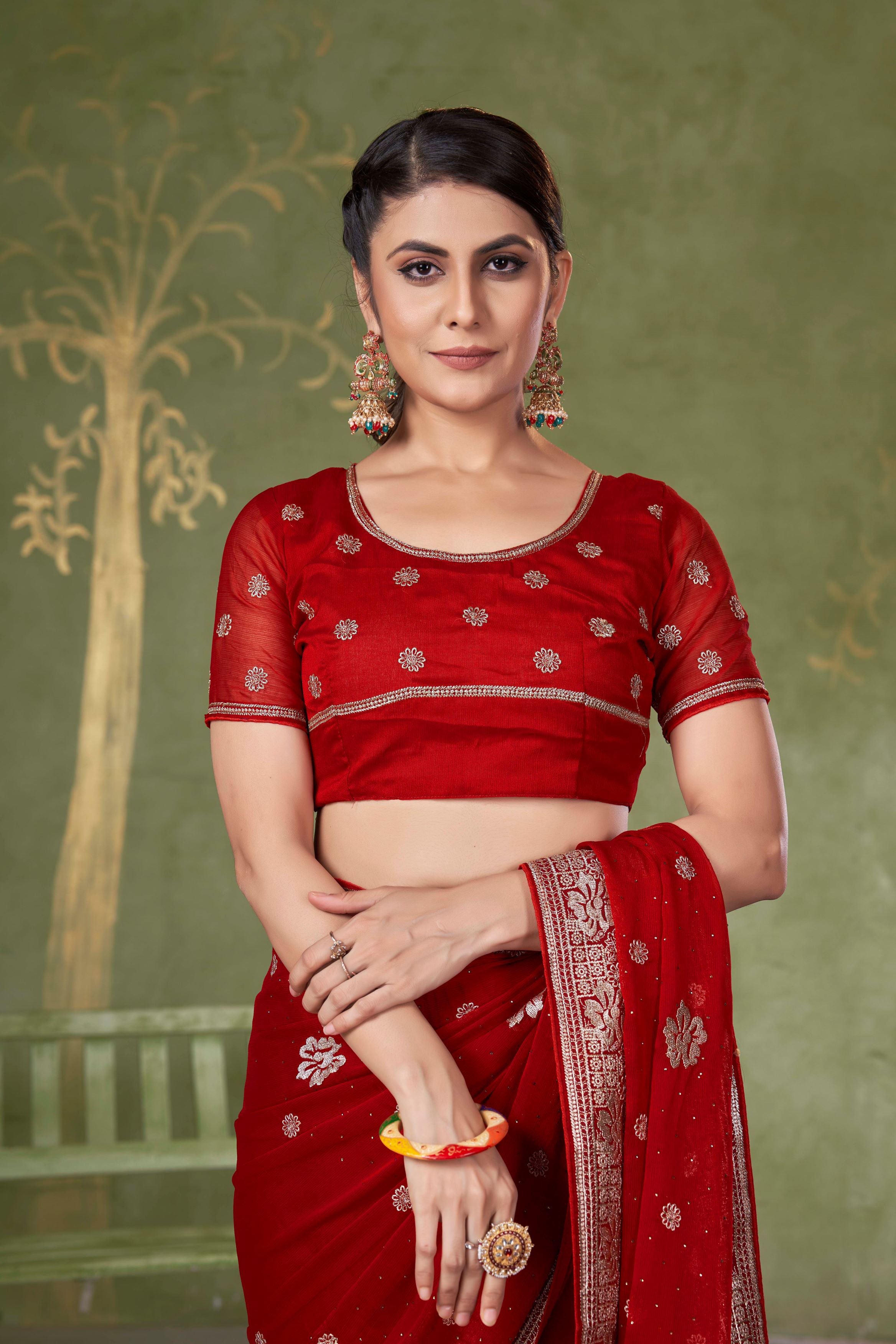 Red Designer Party Wear Samundar Chiffon Saree