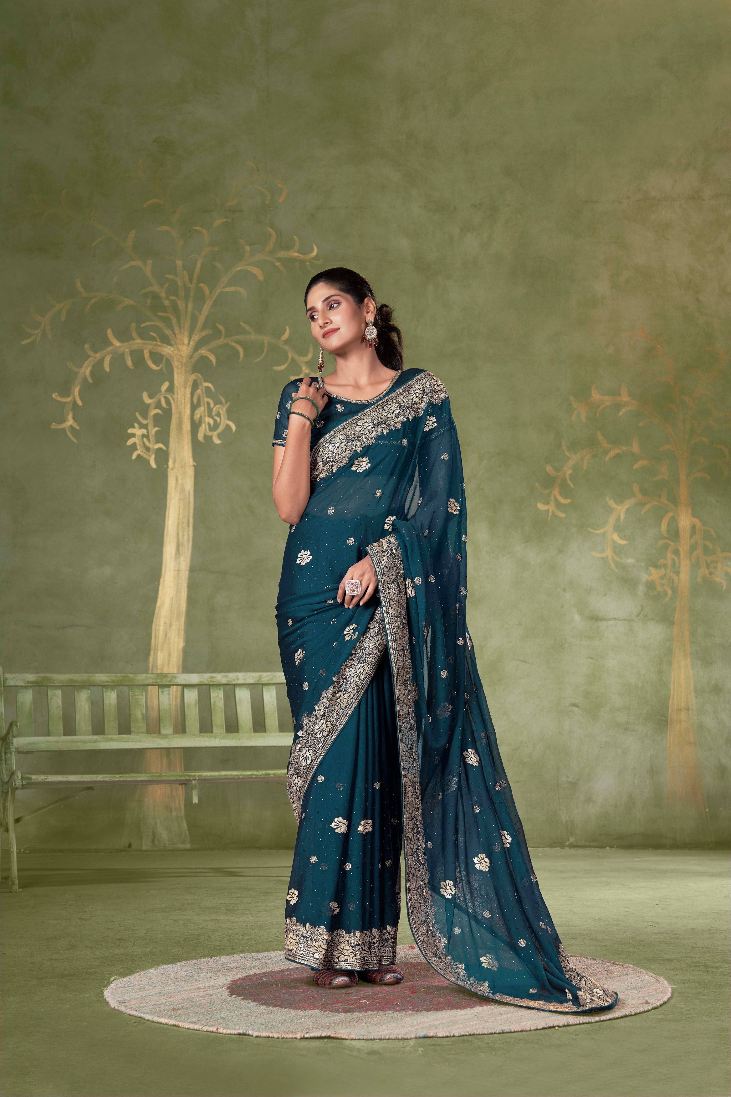 Teal Designer Party Wear Samundar Chiffon Saree