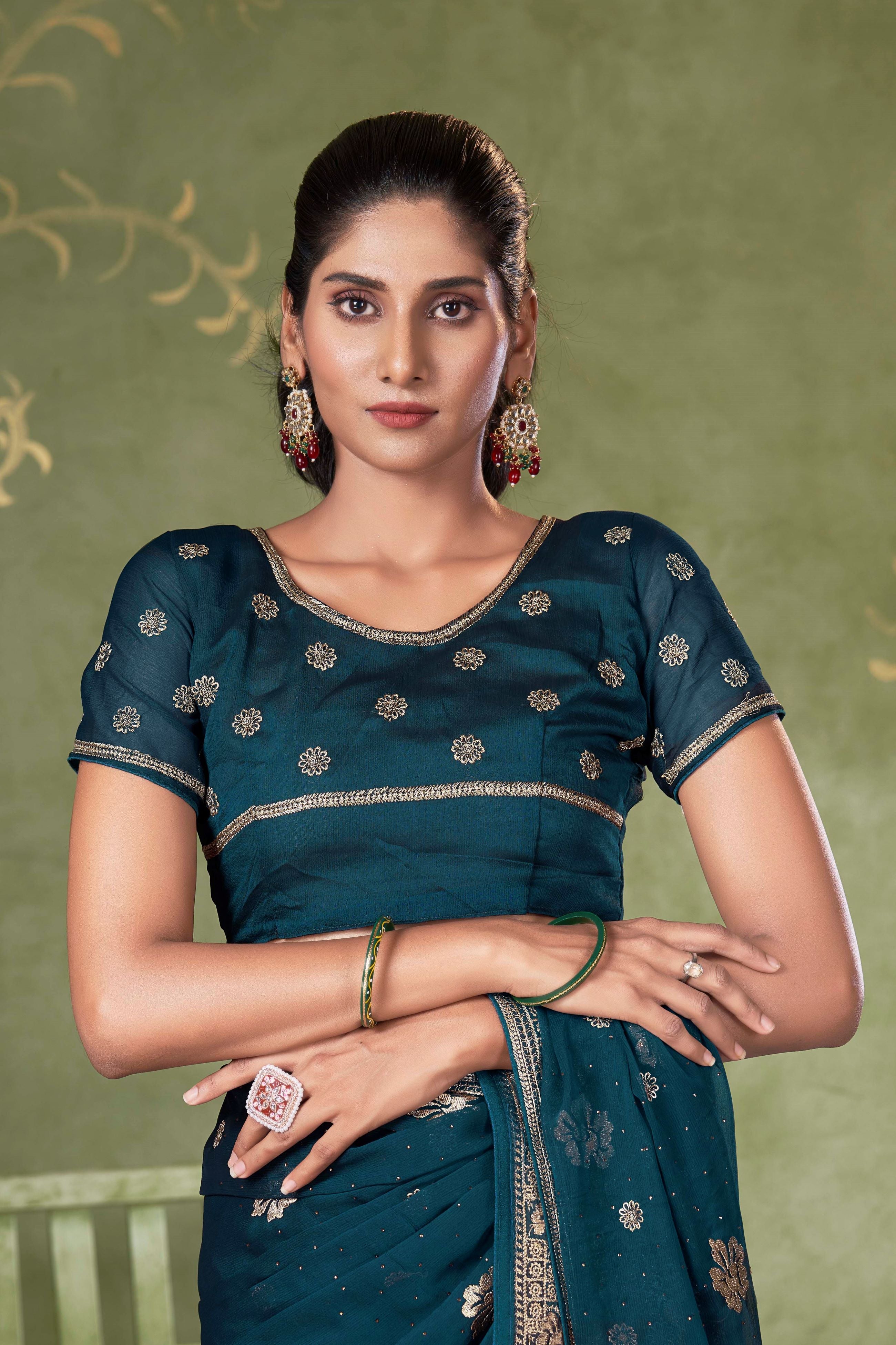 Teal Designer Party Wear Samundar Chiffon Saree