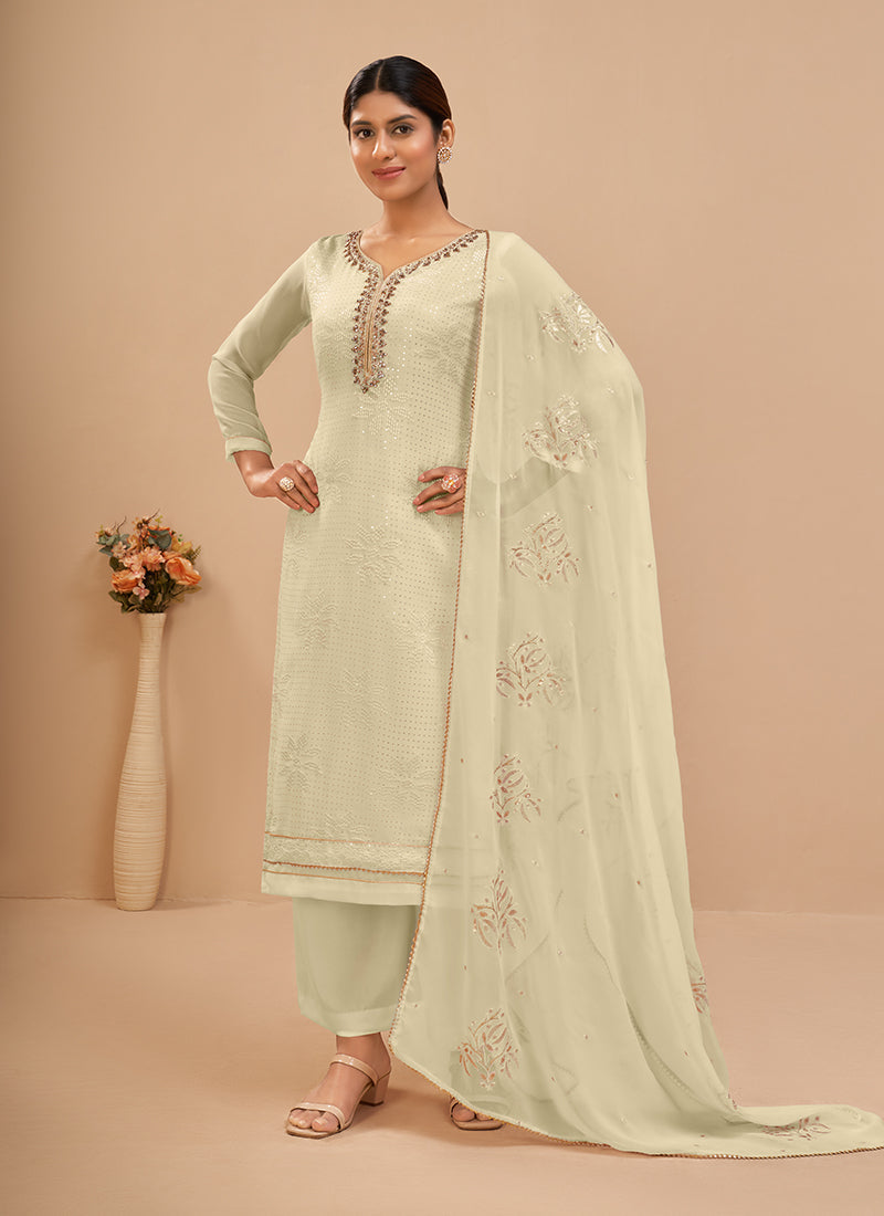 LightYellow Georgette Kurta Set With Embroidery - Thread, Sequins And Khatli Work
