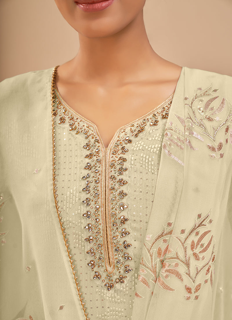 LightYellow Georgette Kurta Set With Embroidery - Thread, Sequins And Khatli Work