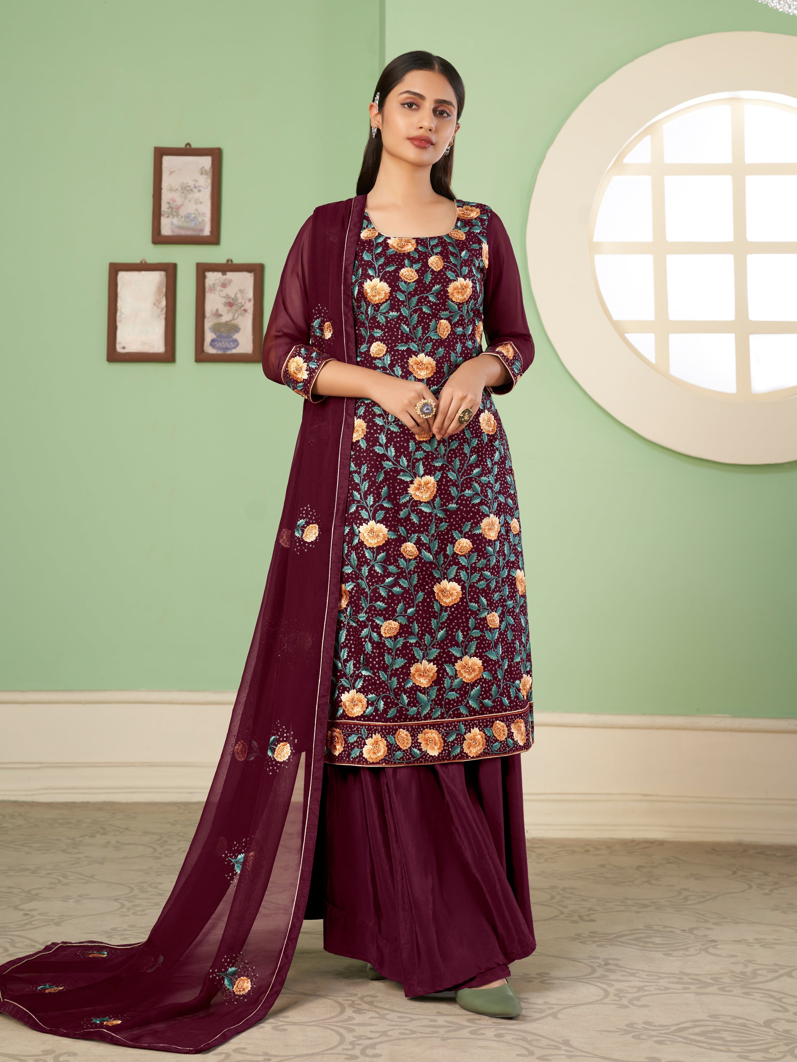 Wine Georgette Kurta Set With Embroidery - Sequins And Multicolour Thread