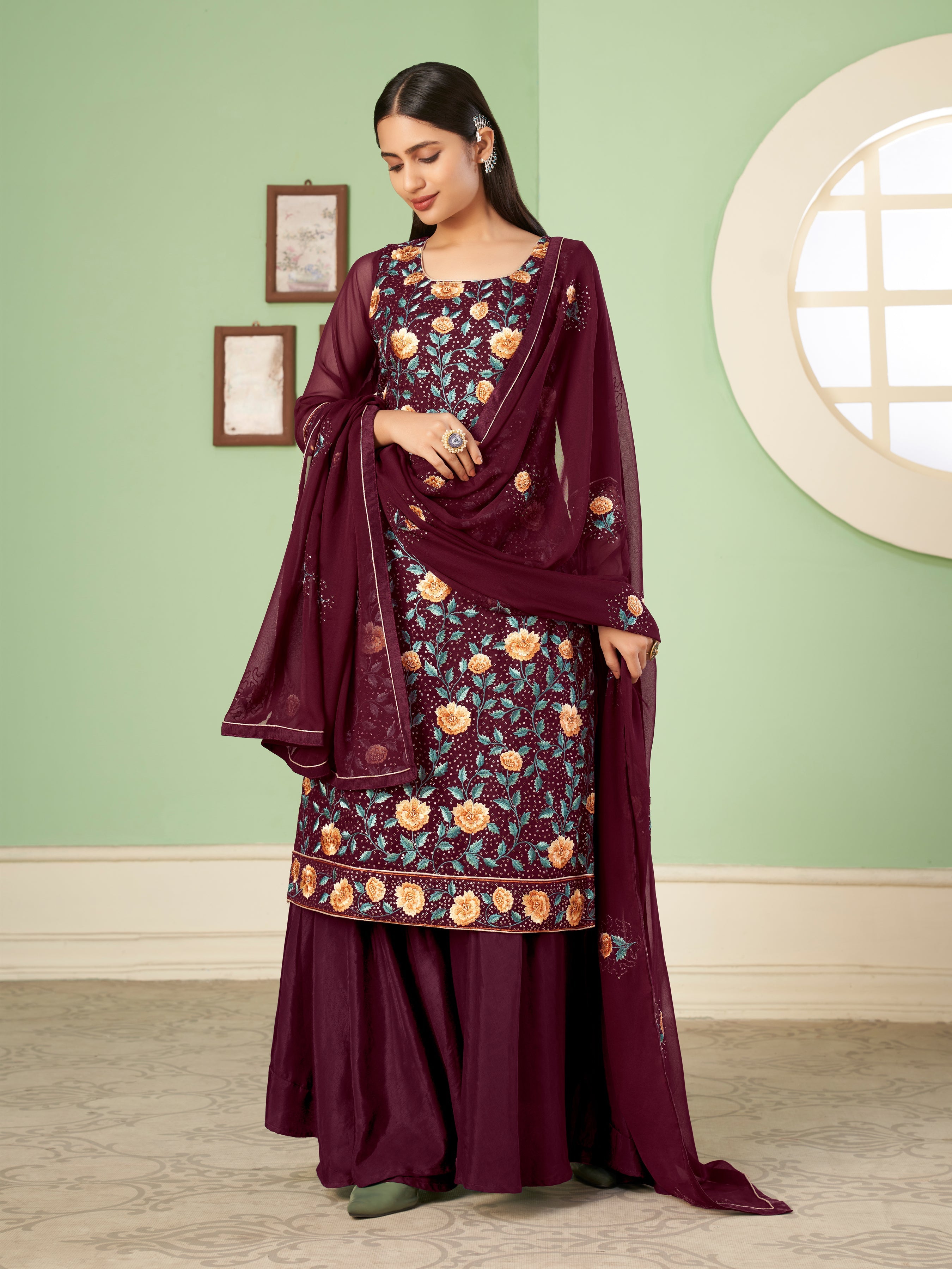 Wine Georgette Kurta Set With Embroidery - Sequins And Multicolour Thread