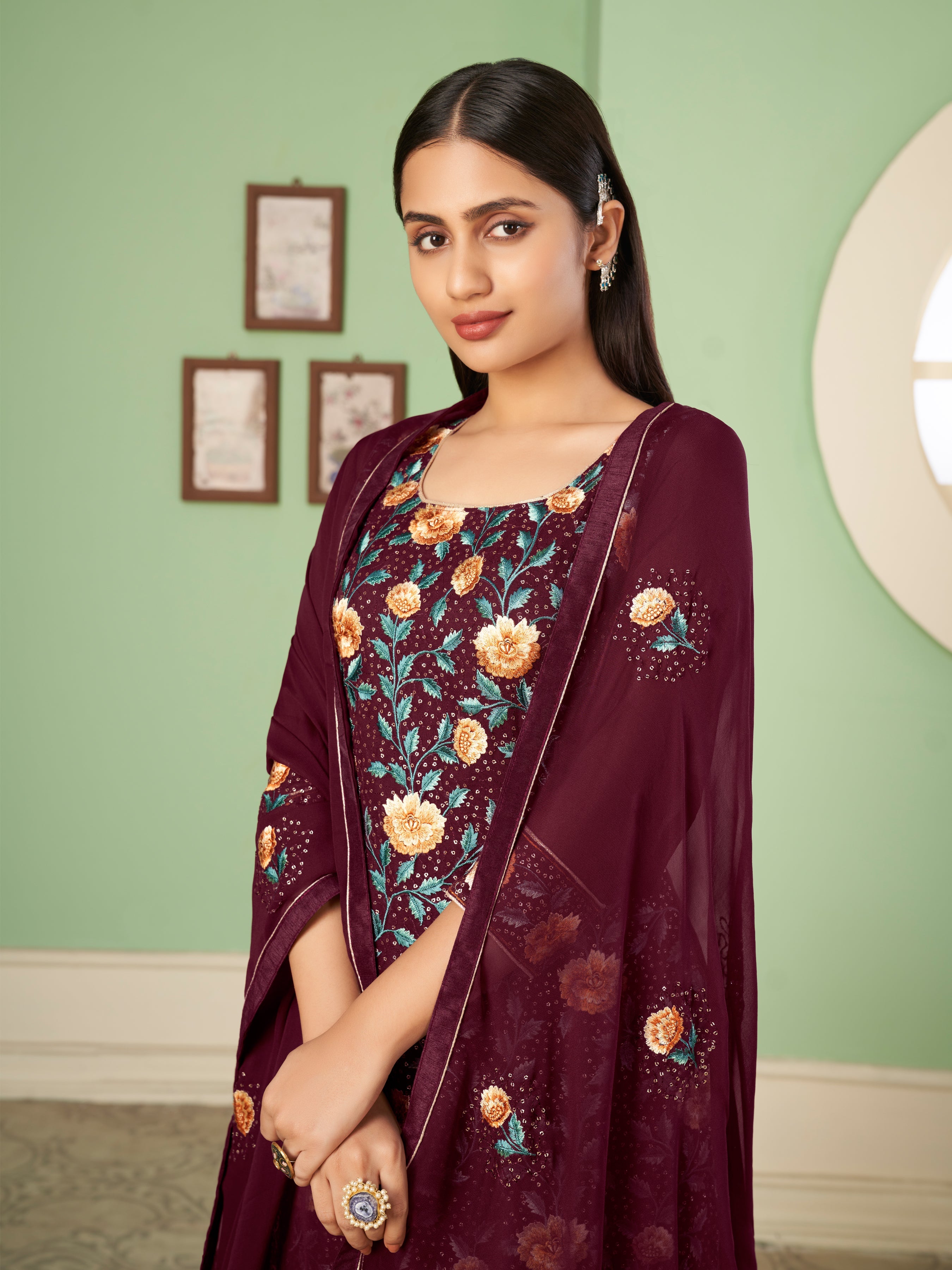 Wine Georgette Kurta Set With Embroidery - Sequins And Multicolour Thread