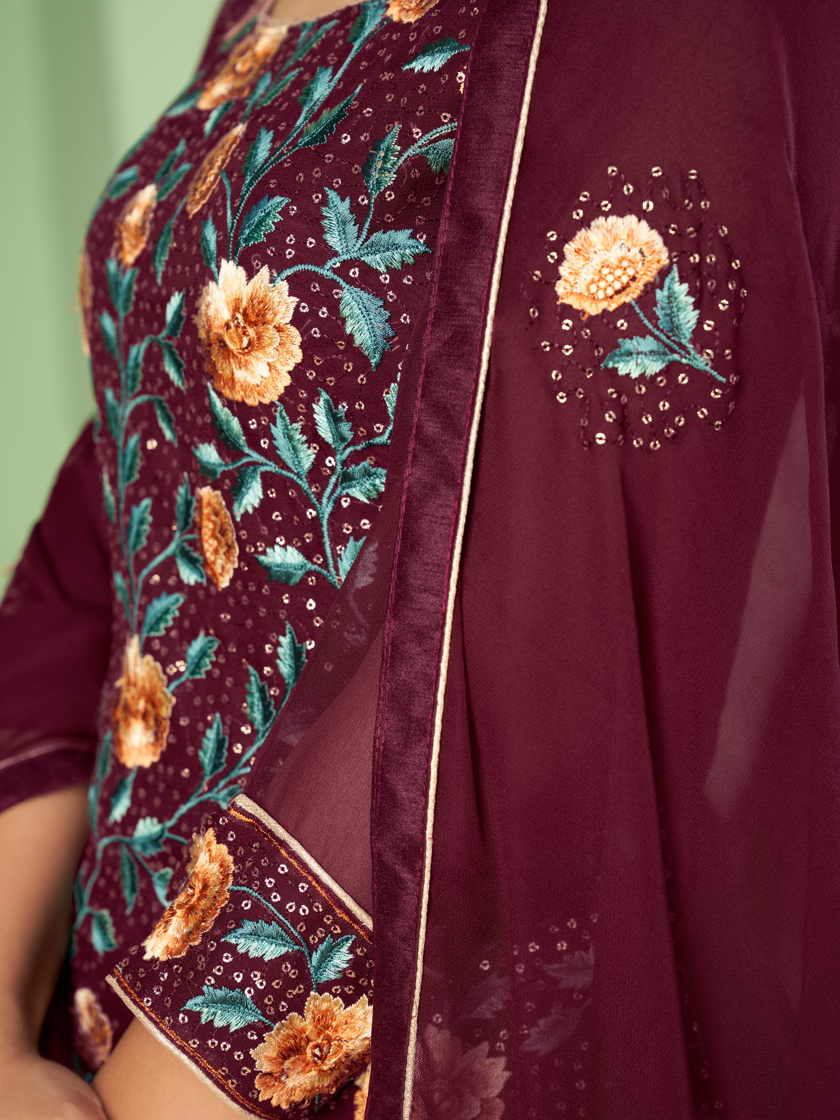 Wine Georgette Kurta Set With Embroidery - Sequins And Multicolour Thread