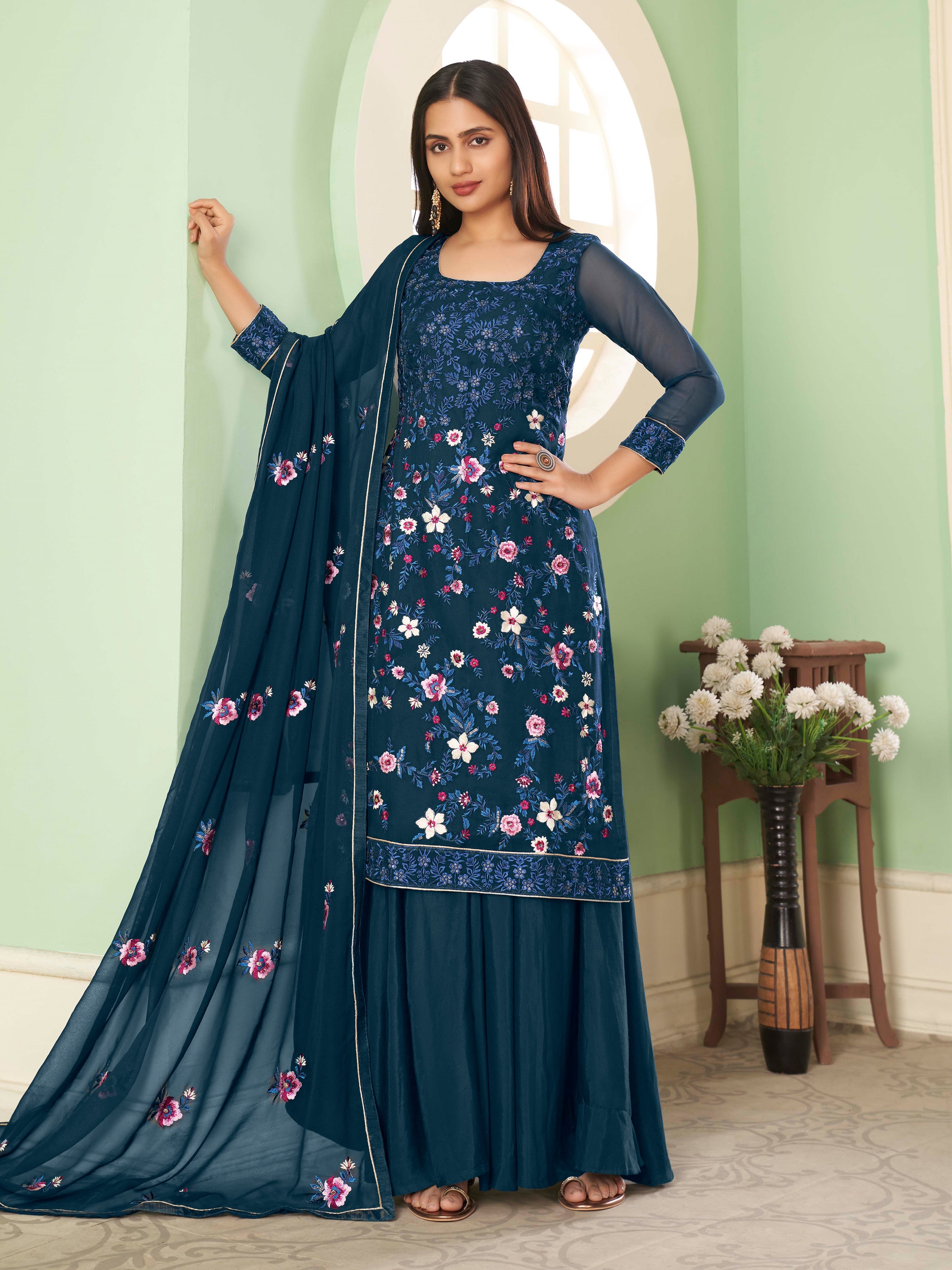 Aeganblue Georgette Kurta Set With Embroidery - Sequins And Multicolour Thread