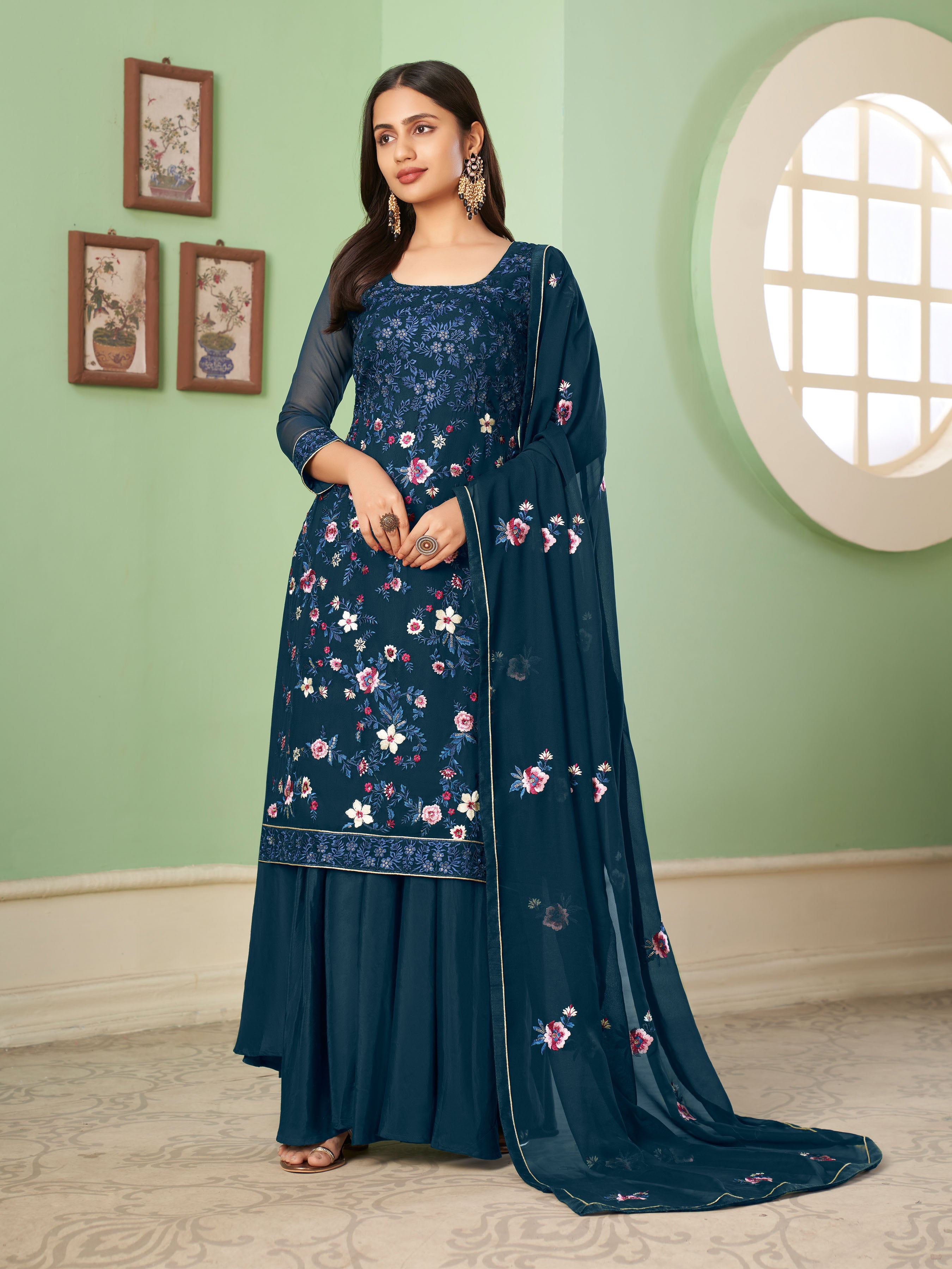 Aeganblue Georgette Kurta Set With Embroidery - Sequins And Multicolour Thread
