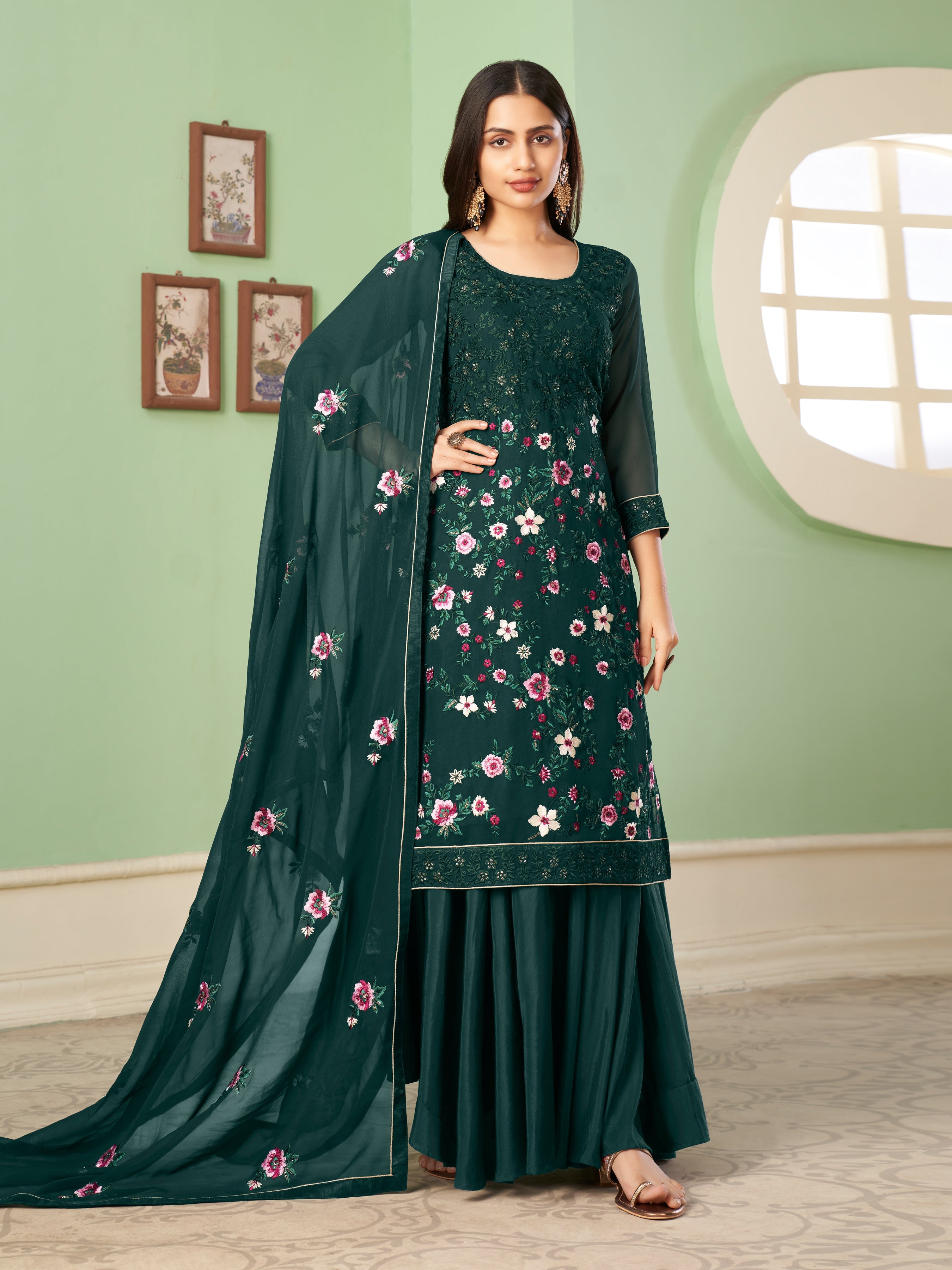 Darkgreen Georgette Kurta Set With Embroidery - Sequins And Multicolour Thread