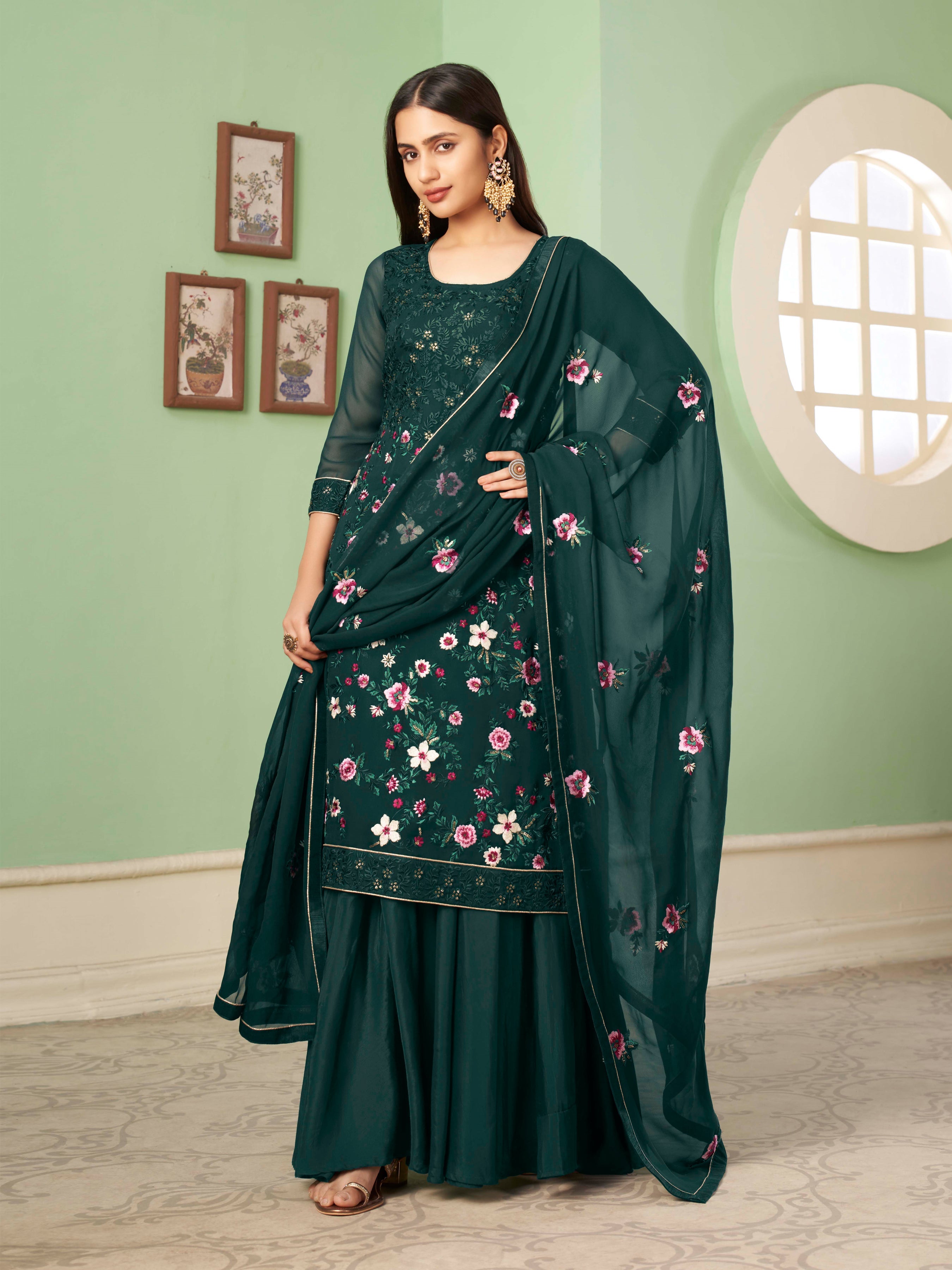 Darkgreen Georgette Kurta Set With Embroidery - Sequins And Multicolour Thread