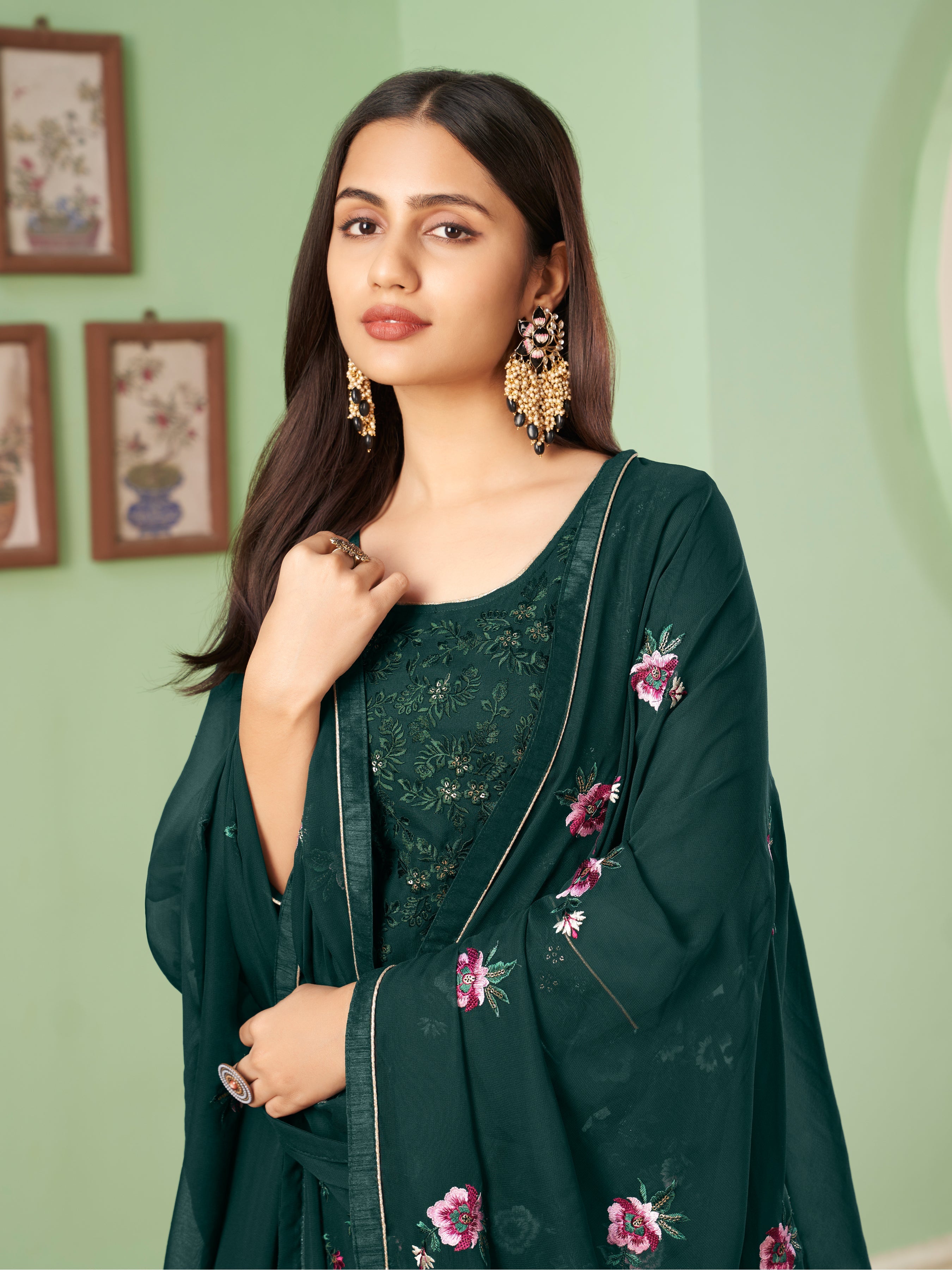 Darkgreen Georgette Kurta Set With Embroidery - Sequins And Multicolour Thread
