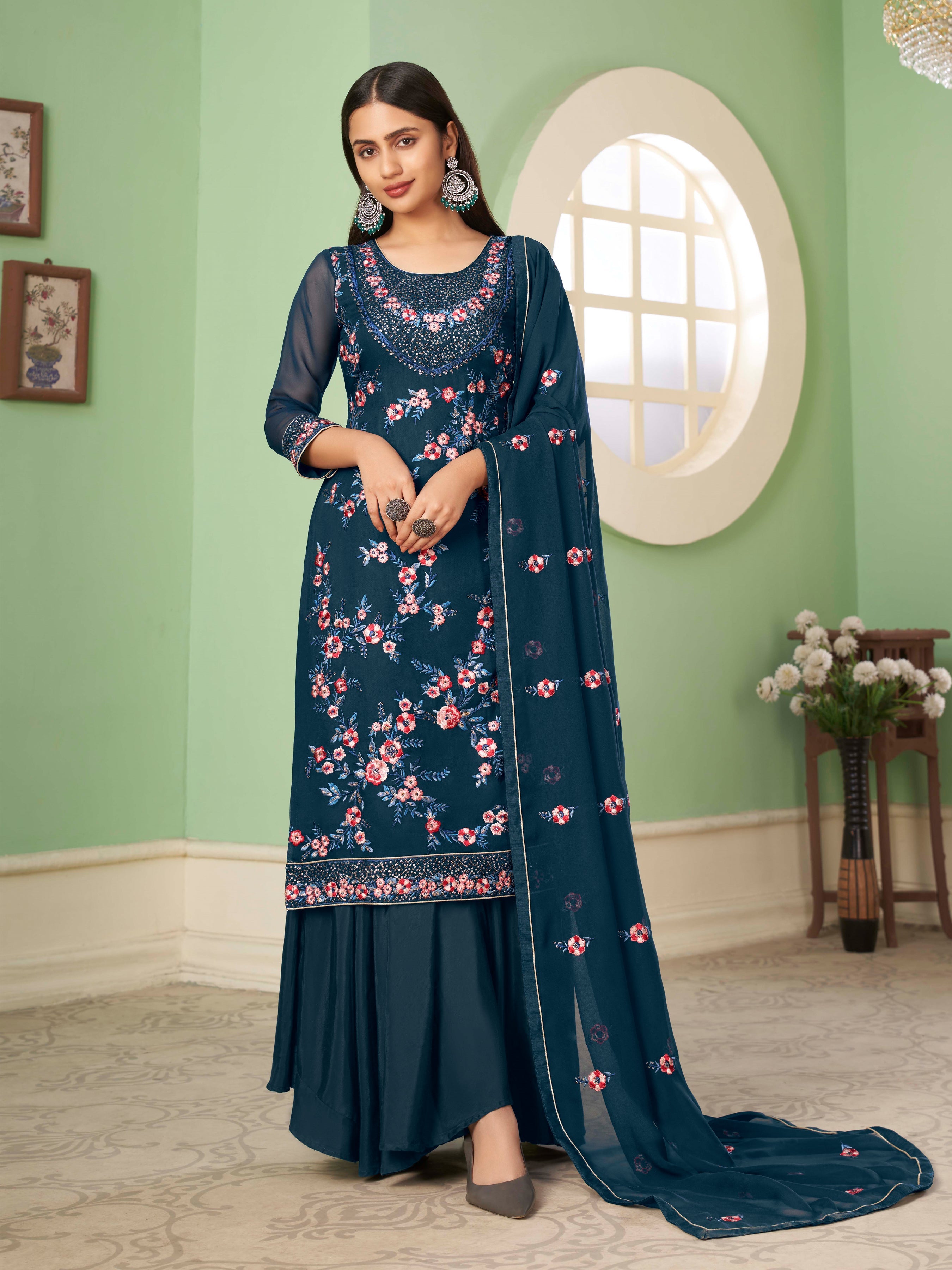 Aeganblue Georgette Kurta Set With Embroidery - Sequins And Multicolour Thread
