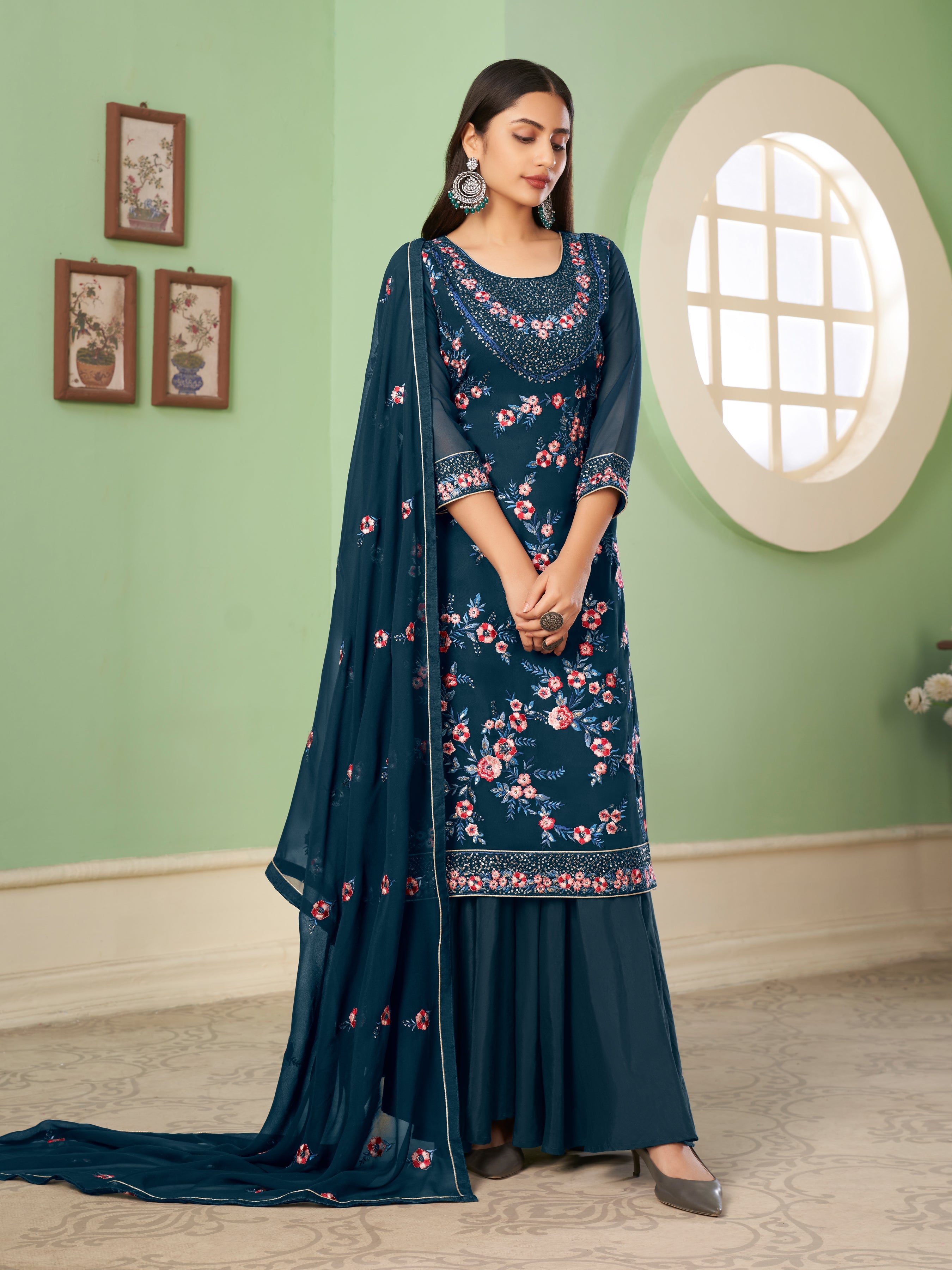 Aeganblue Georgette Kurta Set With Embroidery - Sequins And Multicolour Thread