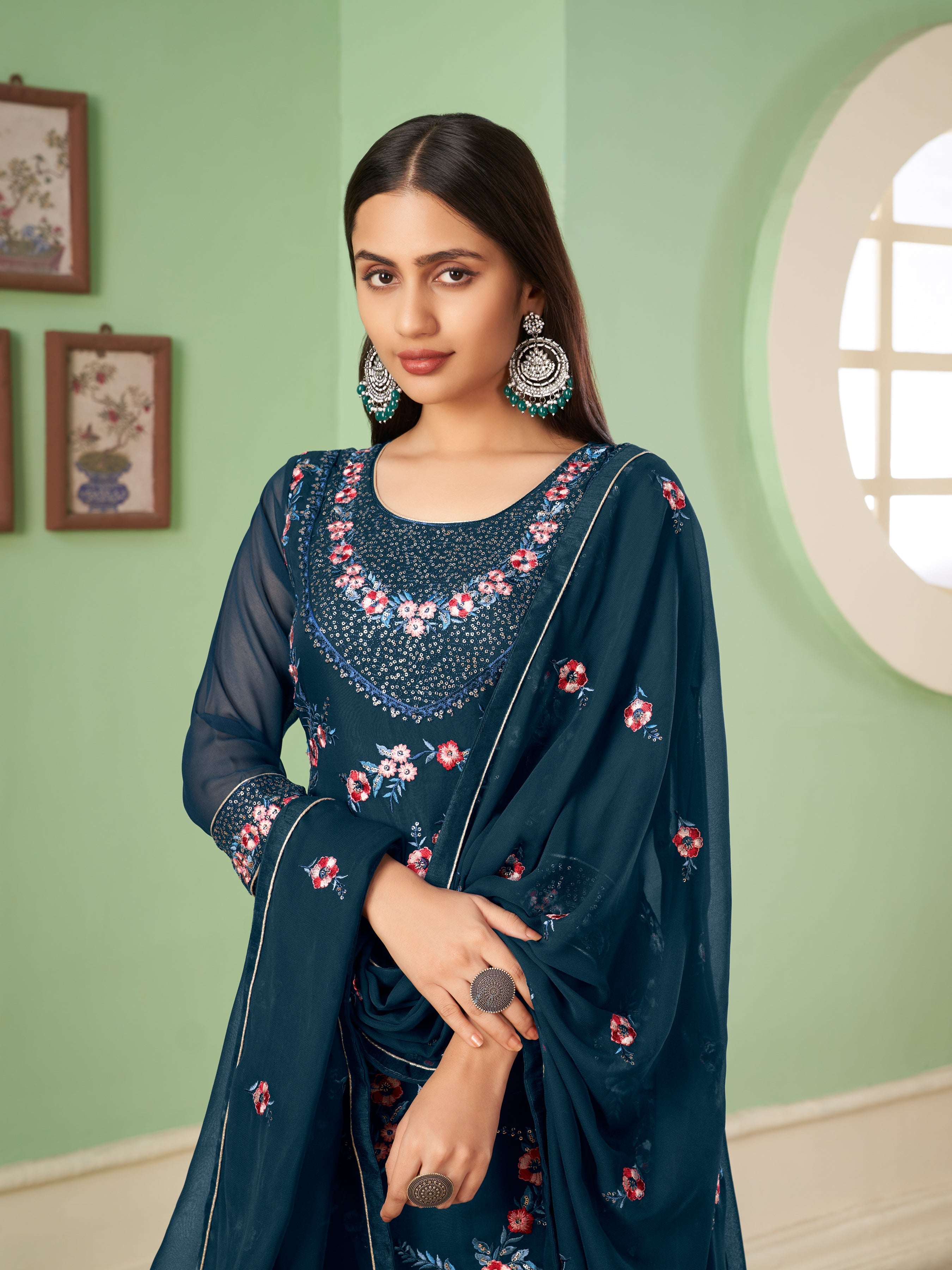 Aeganblue Georgette Kurta Set With Embroidery - Sequins And Multicolour Thread