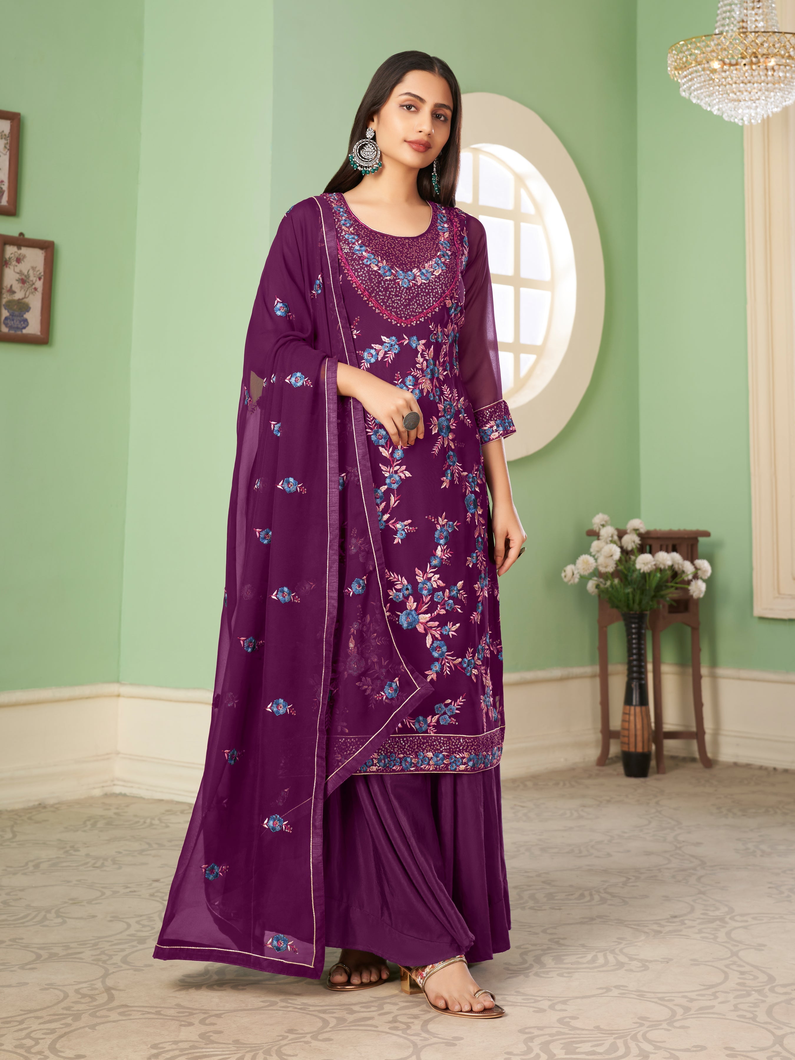 Purple Georgette Kurta Set With Embroidery - Sequins And Multicolour Thread
