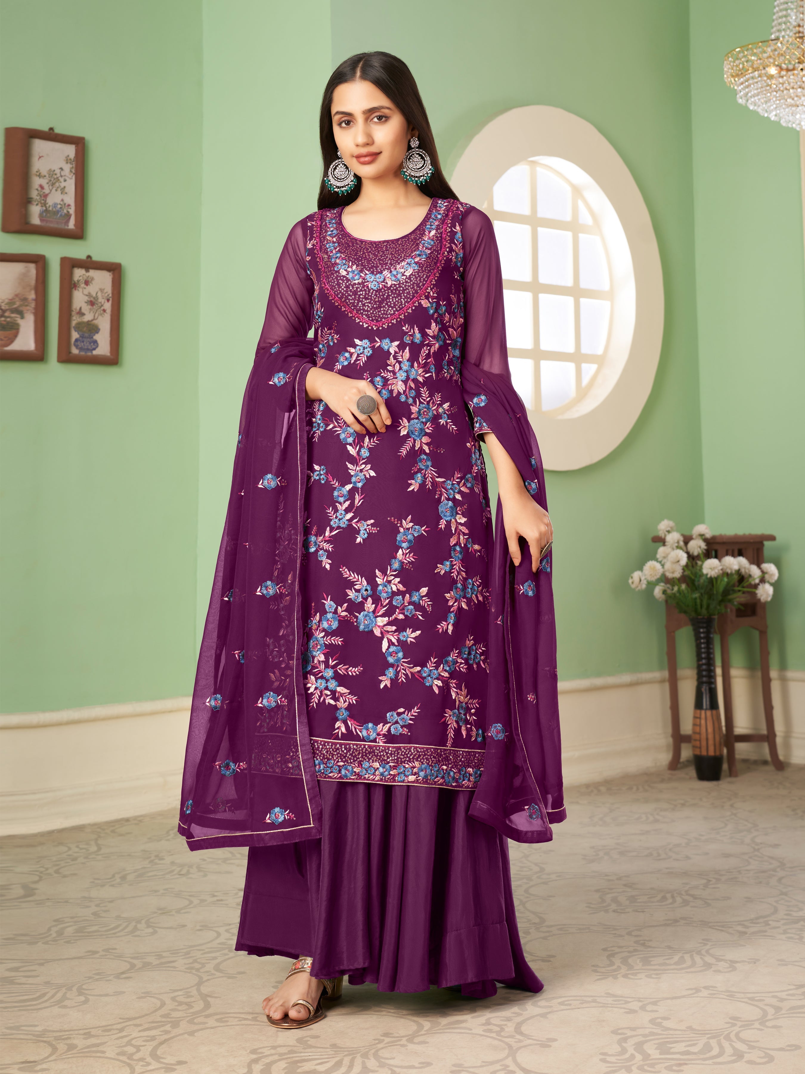 Purple Georgette Kurta Set With Embroidery - Sequins And Multicolour Thread