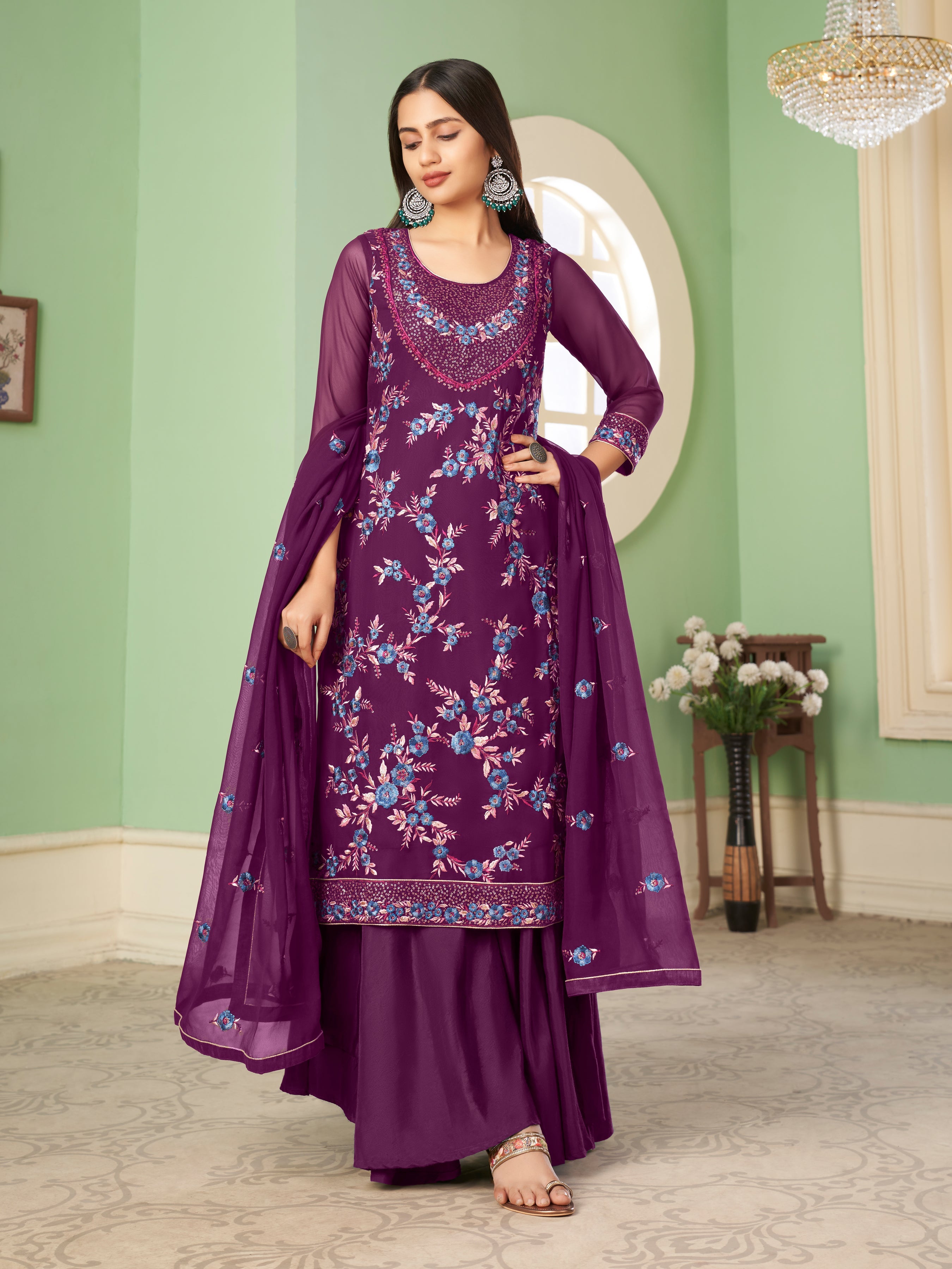 Purple Georgette Kurta Set With Embroidery - Sequins And Multicolour Thread