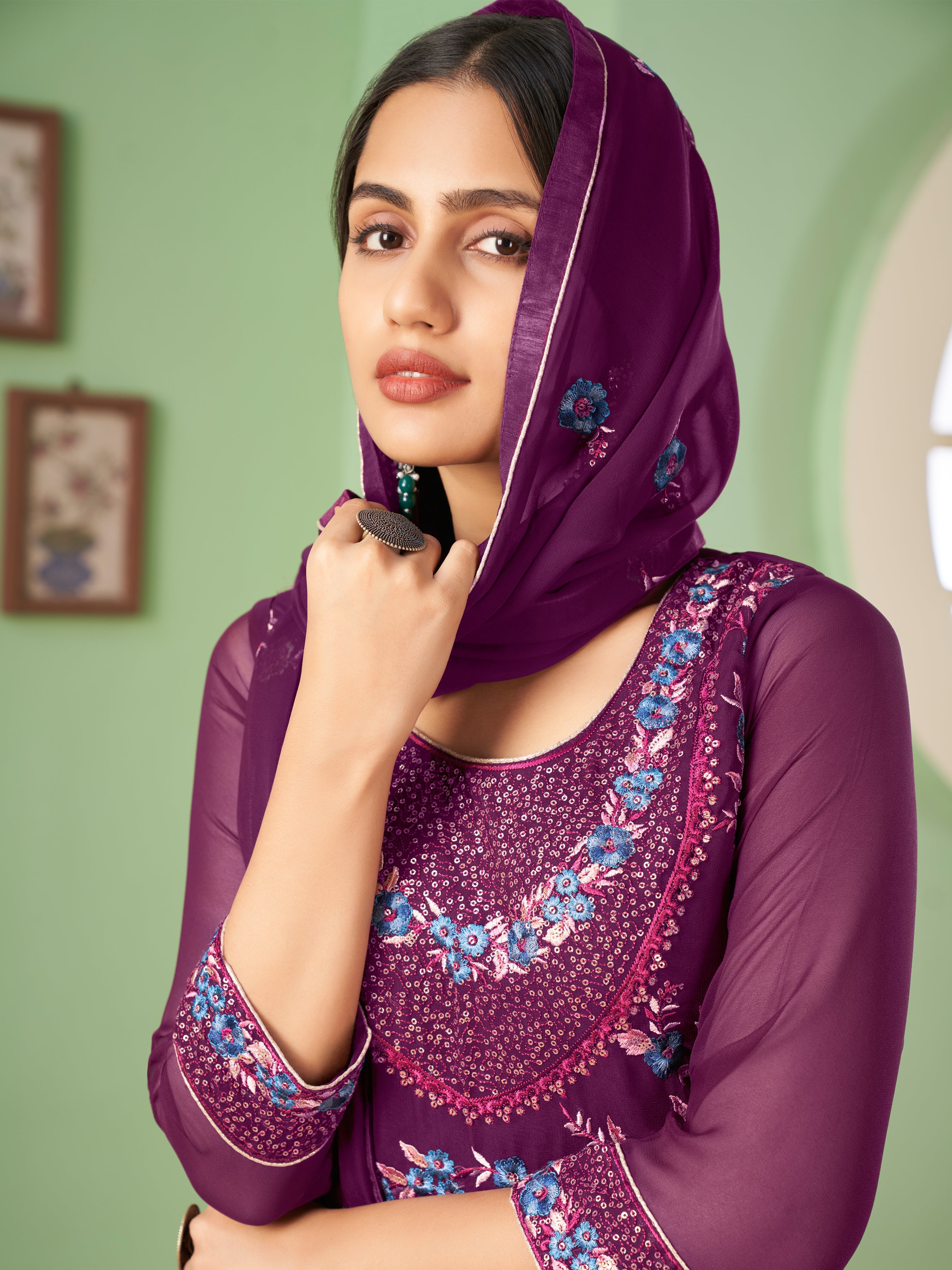 Purple Georgette Kurta Set With Embroidery - Sequins And Multicolour Thread