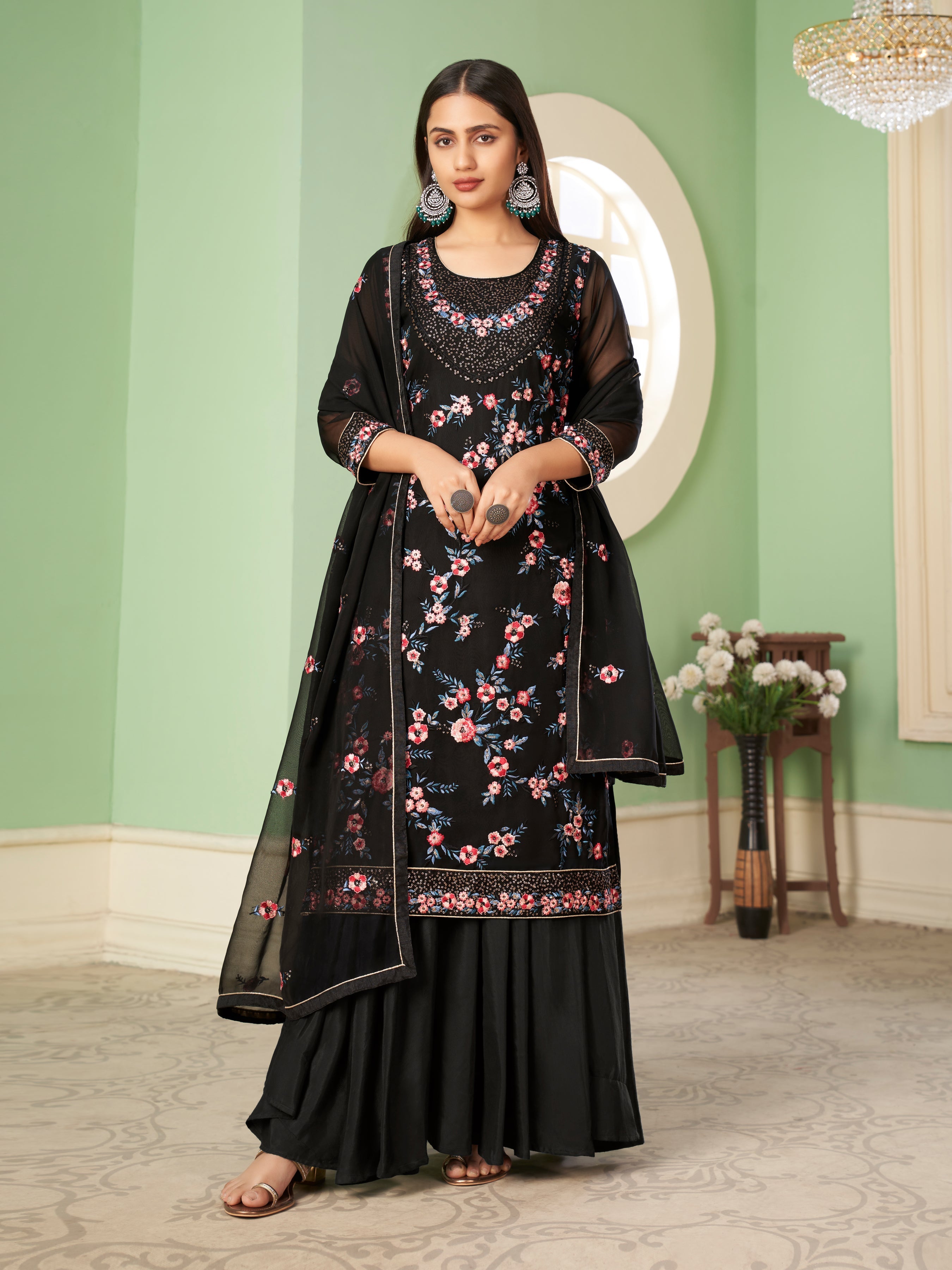 Blaclk Georgette Kurta Set With Embroidery - Sequins And Multicolour Thread