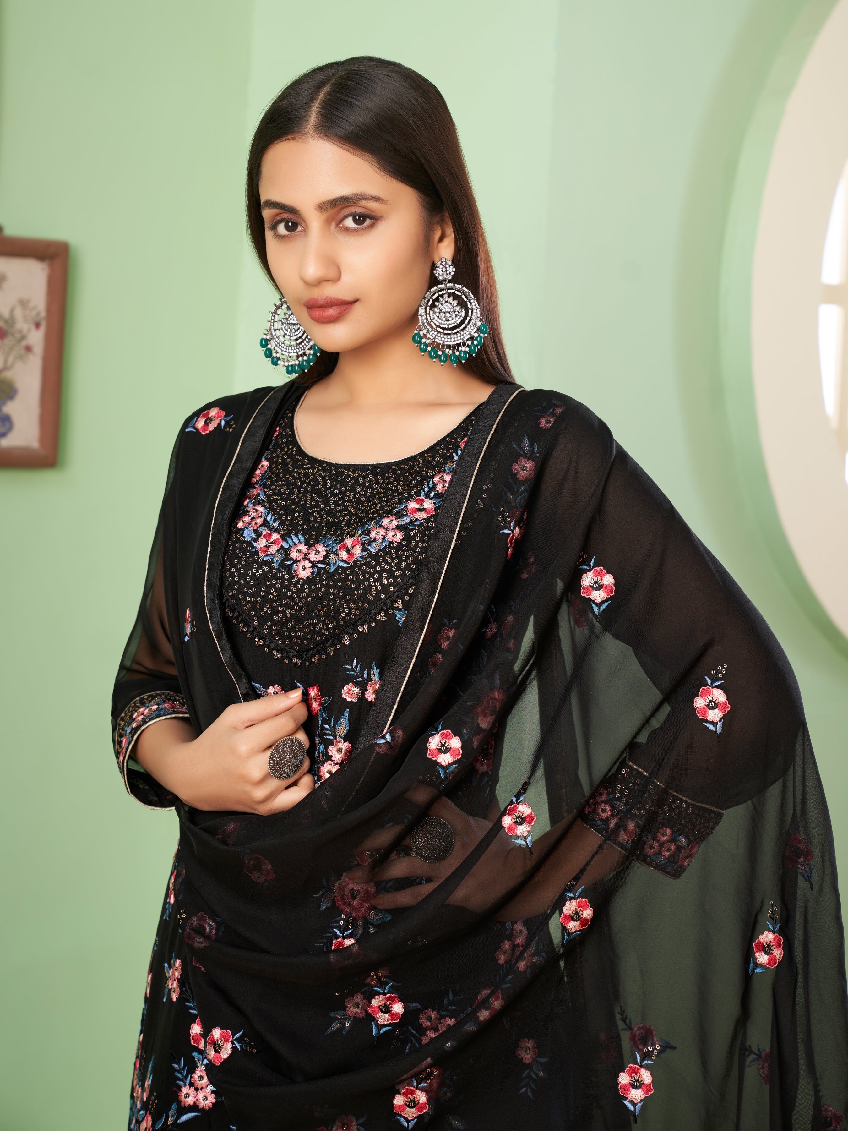 Blaclk Georgette Kurta Set With Embroidery - Sequins And Multicolour Thread
