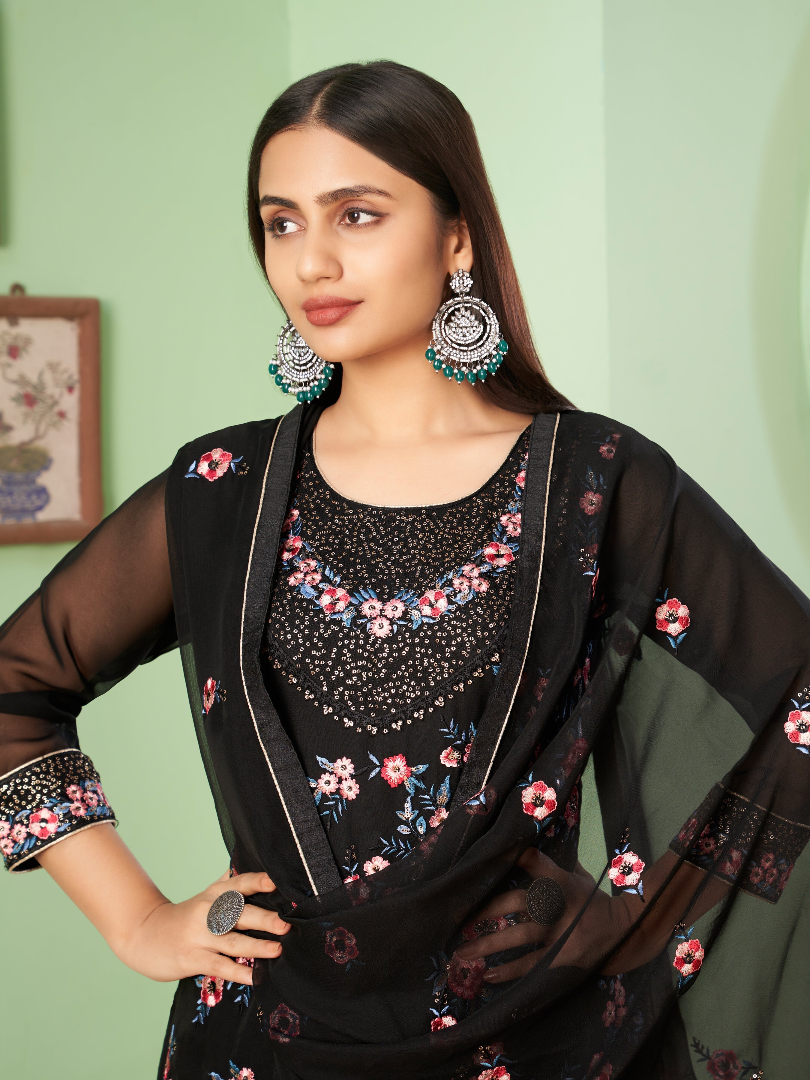 Blaclk Georgette Kurta Set With Embroidery - Sequins And Multicolour Thread