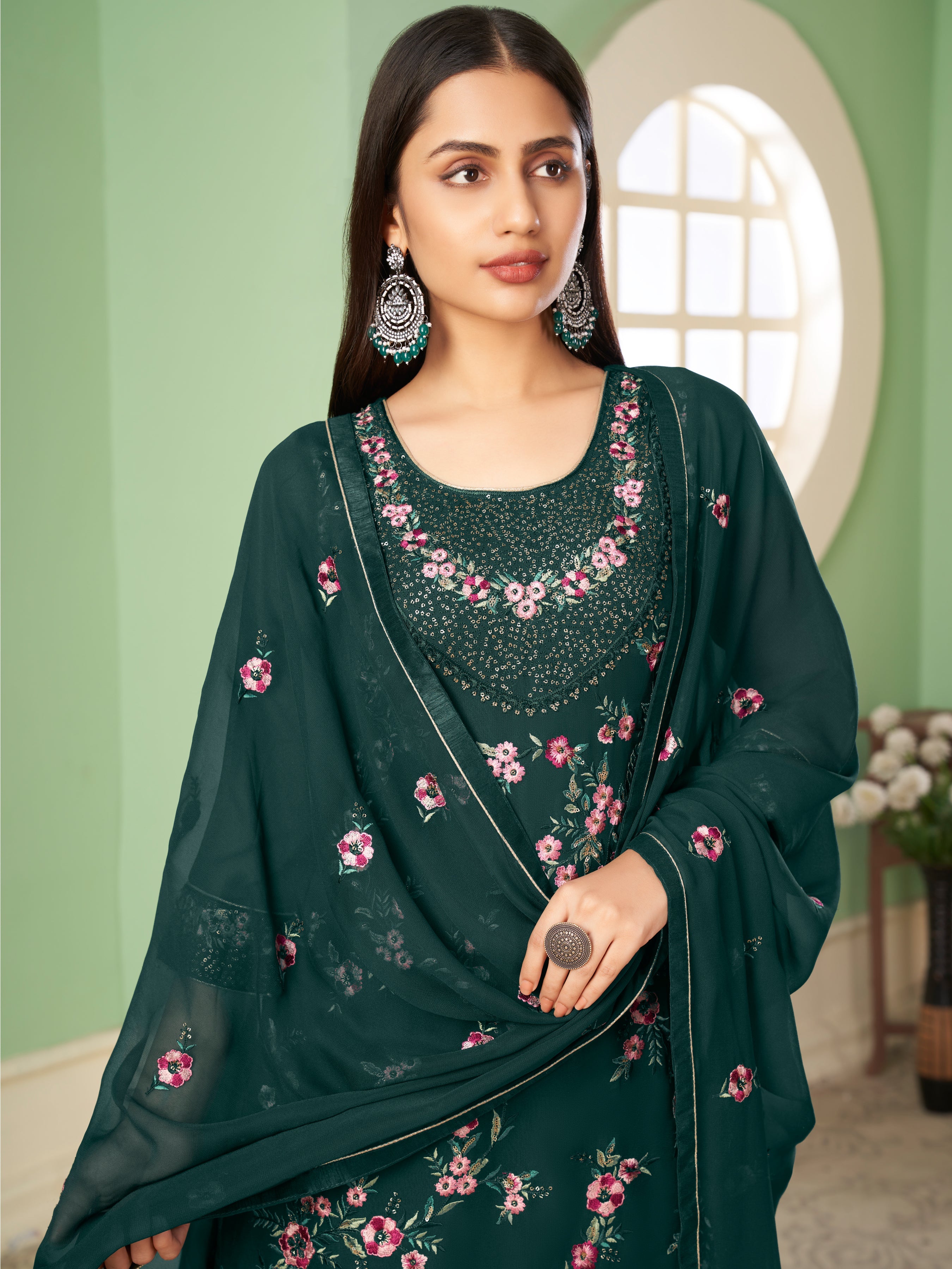Darkgreen Georgette Kurta Set With Embroidery - Sequins And Multicolour Thread
