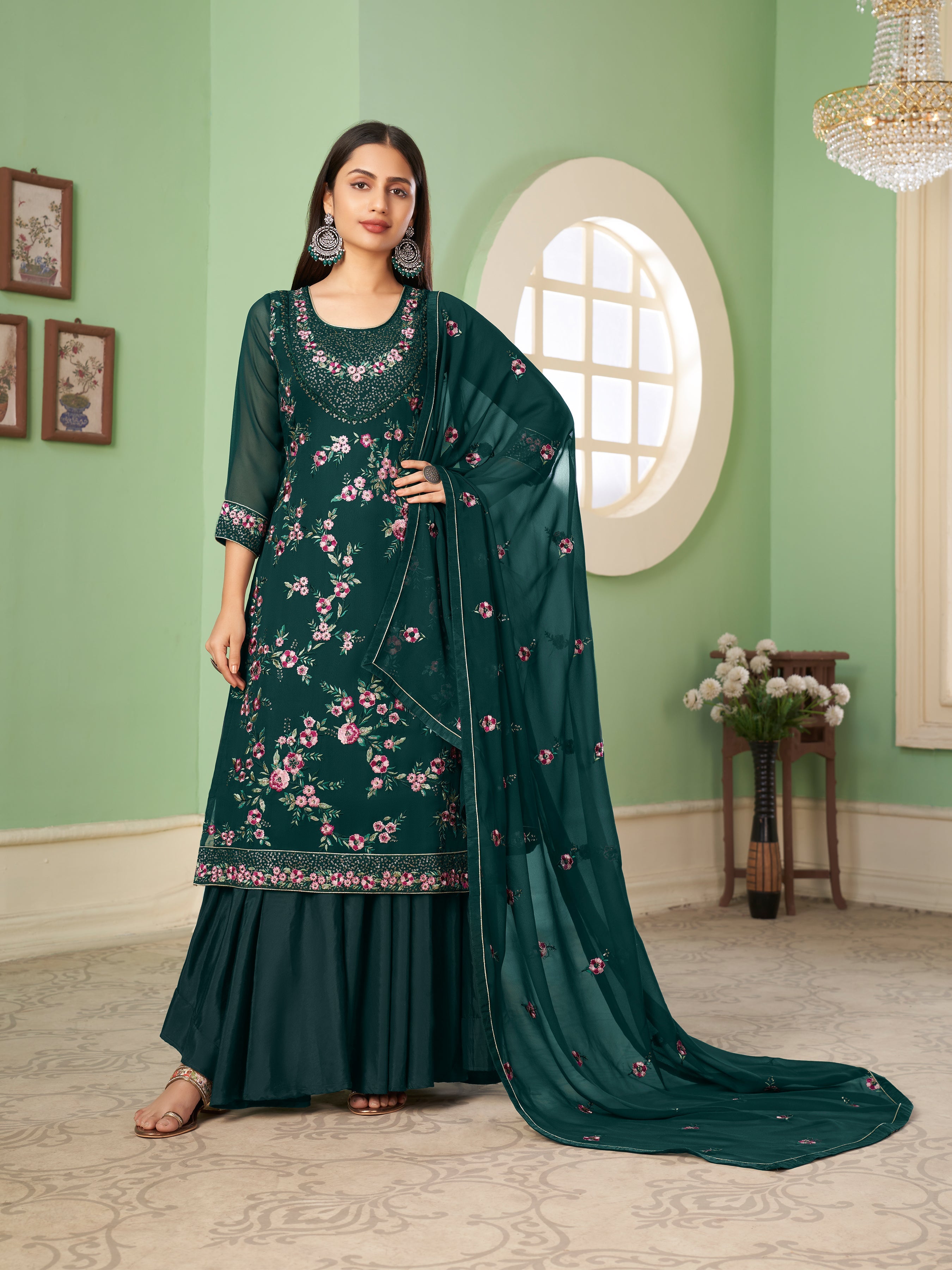 Darkgreen Georgette Kurta Set With Embroidery - Sequins And Multicolour Thread