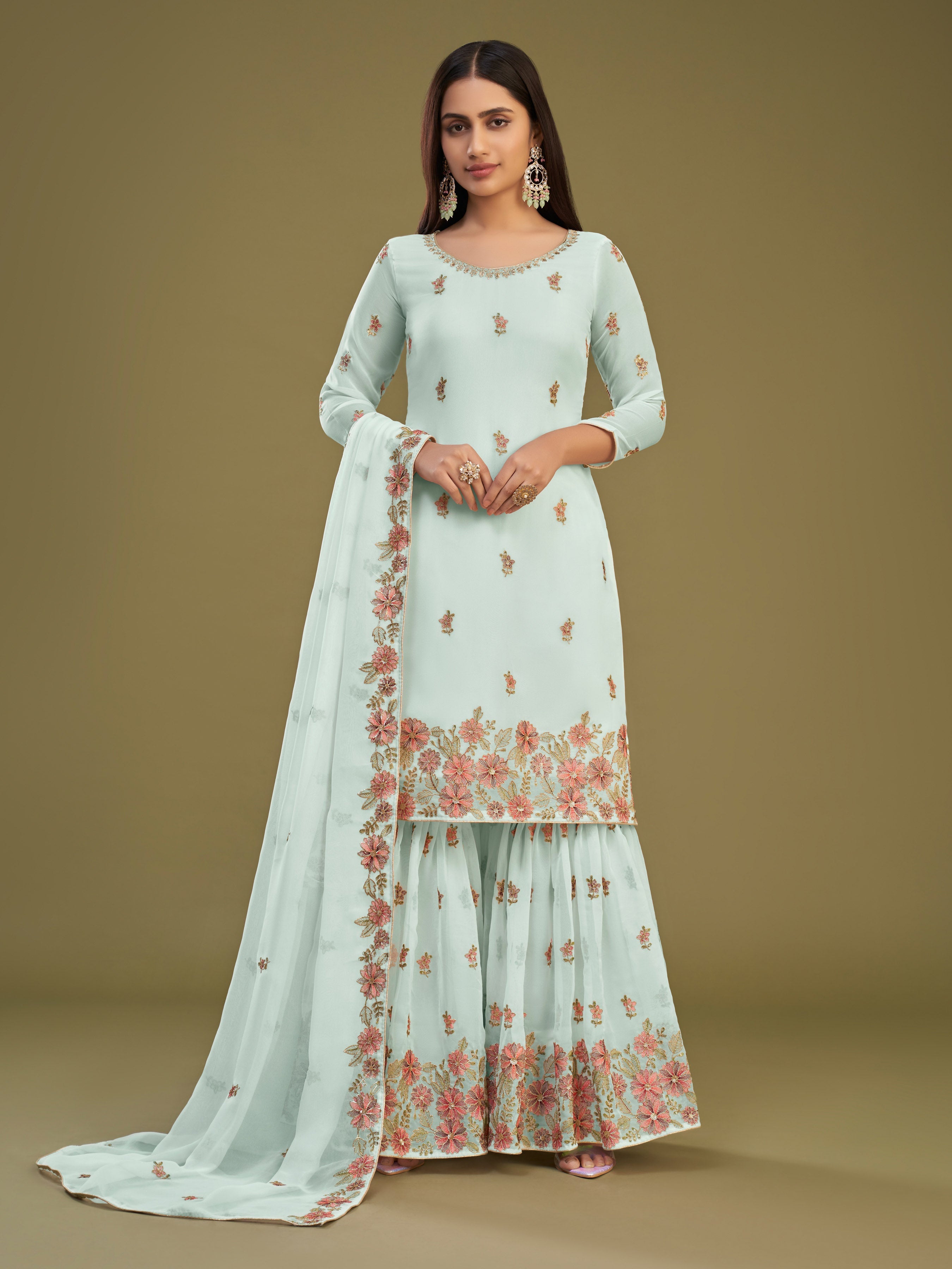 Firozi Georgette Kurta Set With Multi Thread Embroidery