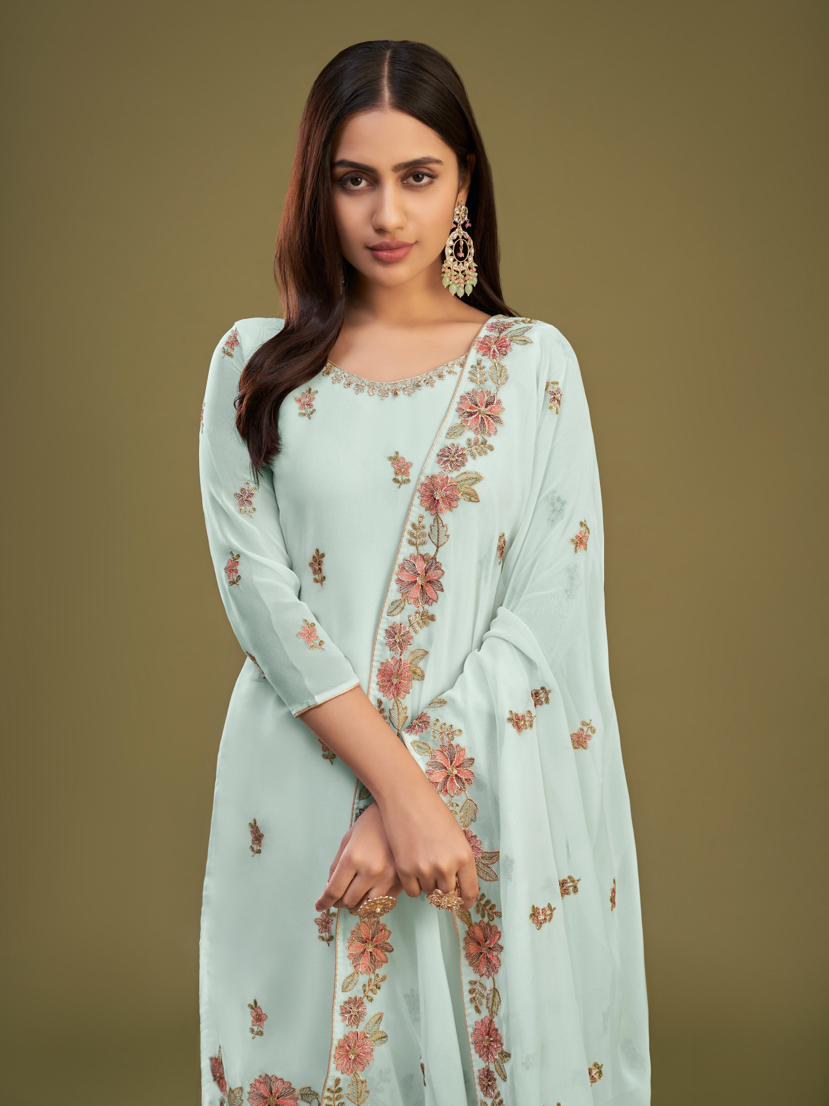 Firozi Georgette Kurta Set With Multi Thread Embroidery