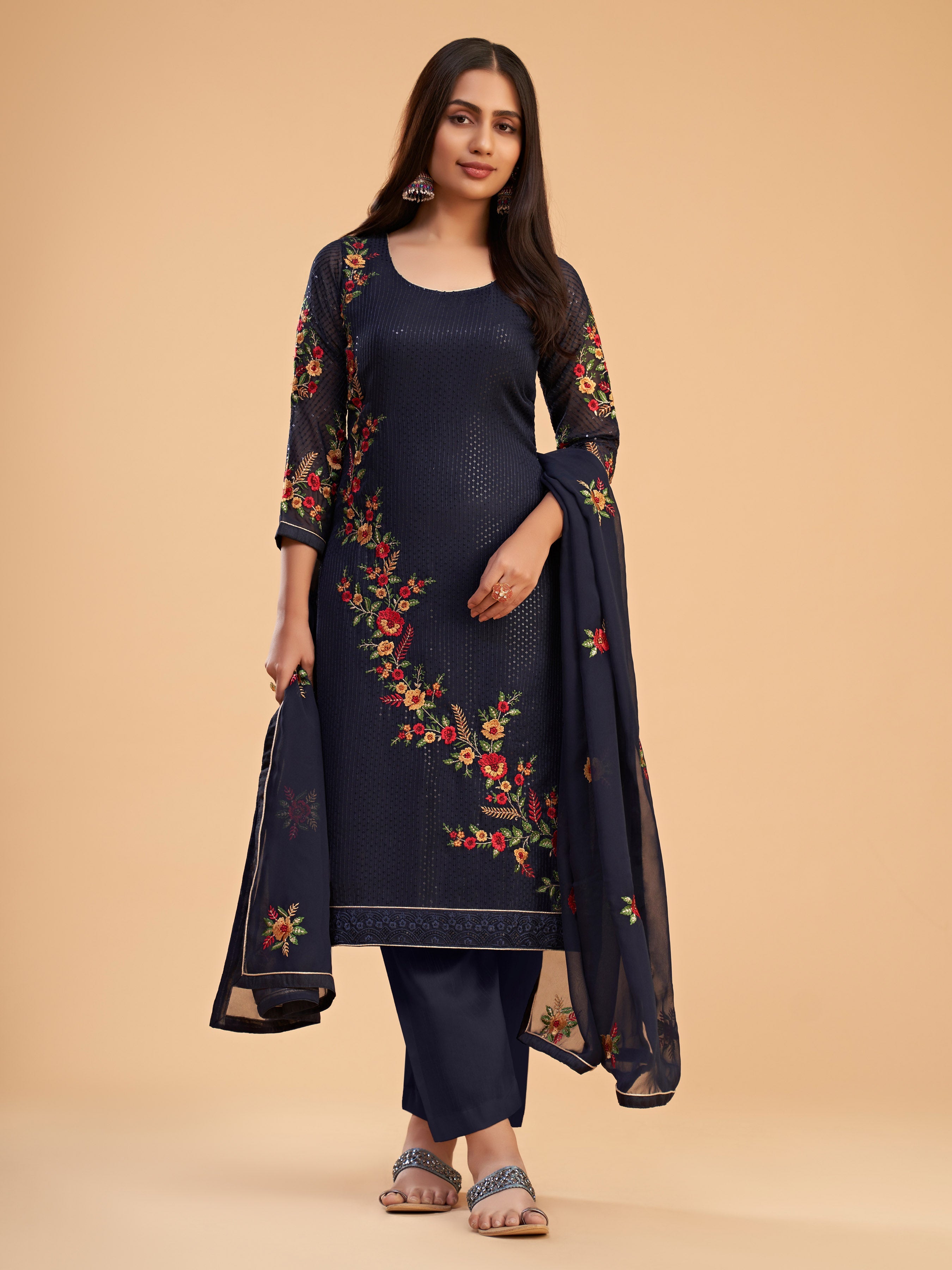 Blue Georgette Kurta Set With Sequins, Multi Thread And Zari Embroidered Work