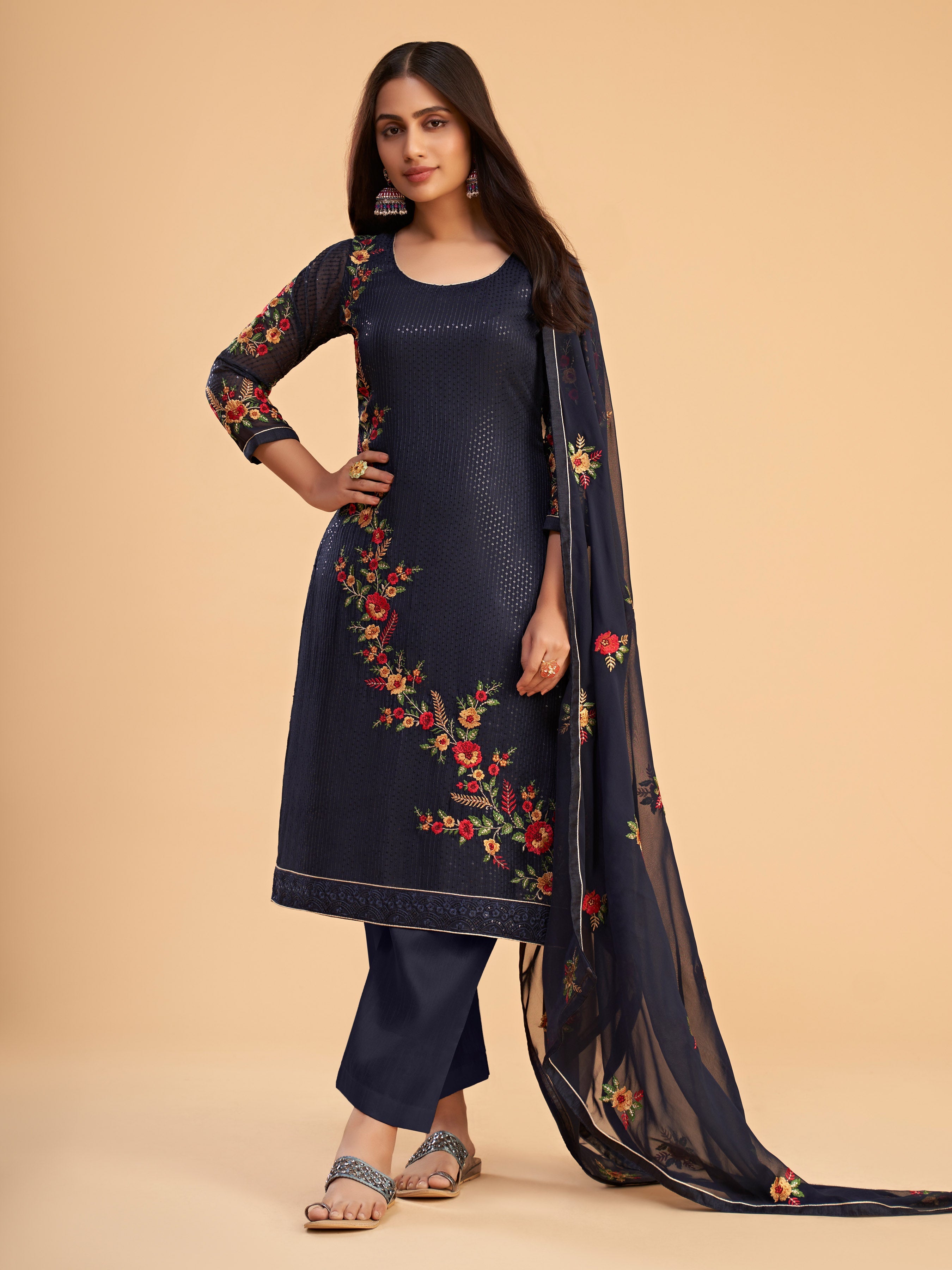 Blue Georgette Kurta Set With Sequins, Multi Thread And Zari Embroidered Work