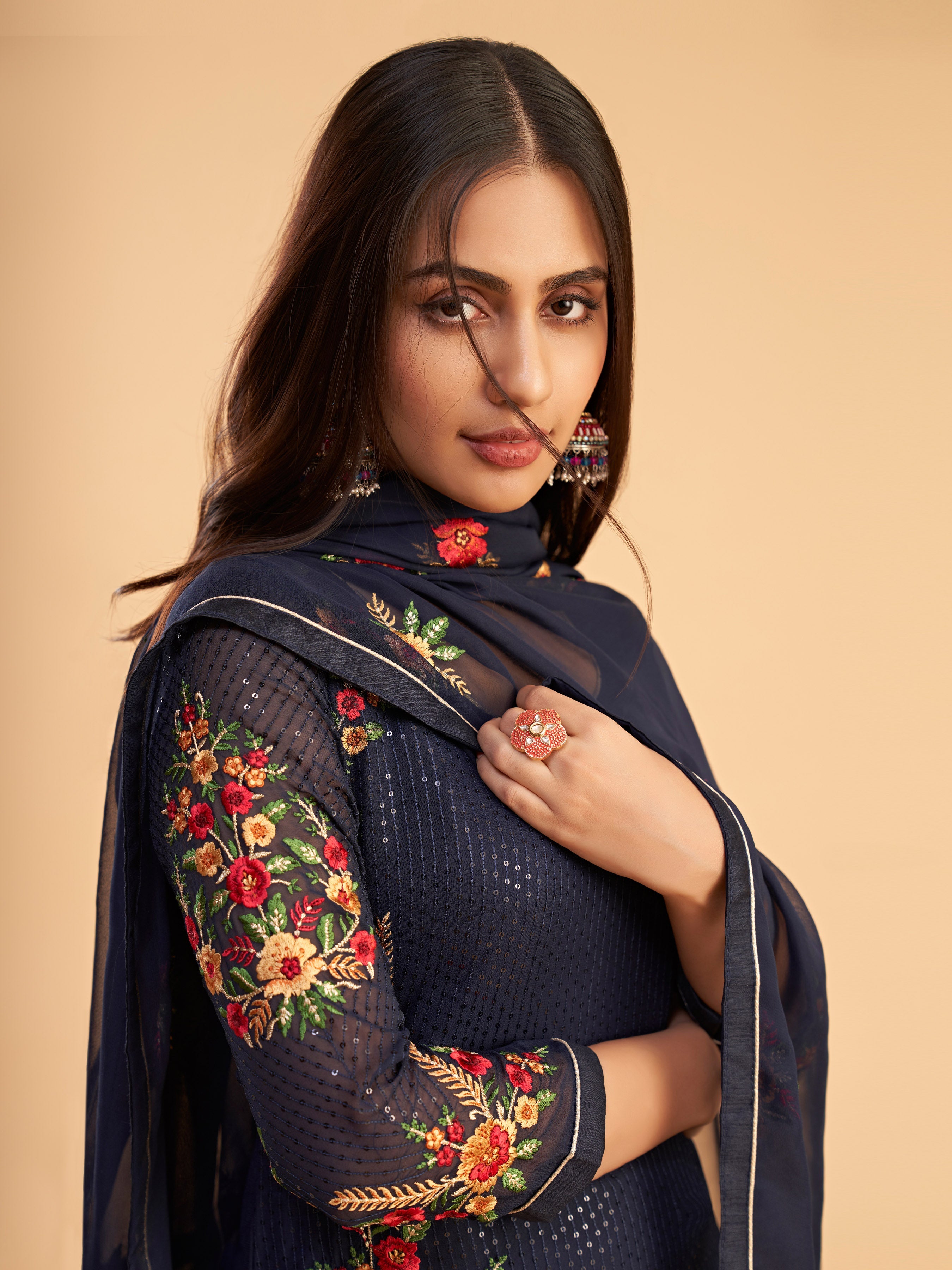 Blue Georgette Kurta Set With Sequins, Multi Thread And Zari Embroidered Work