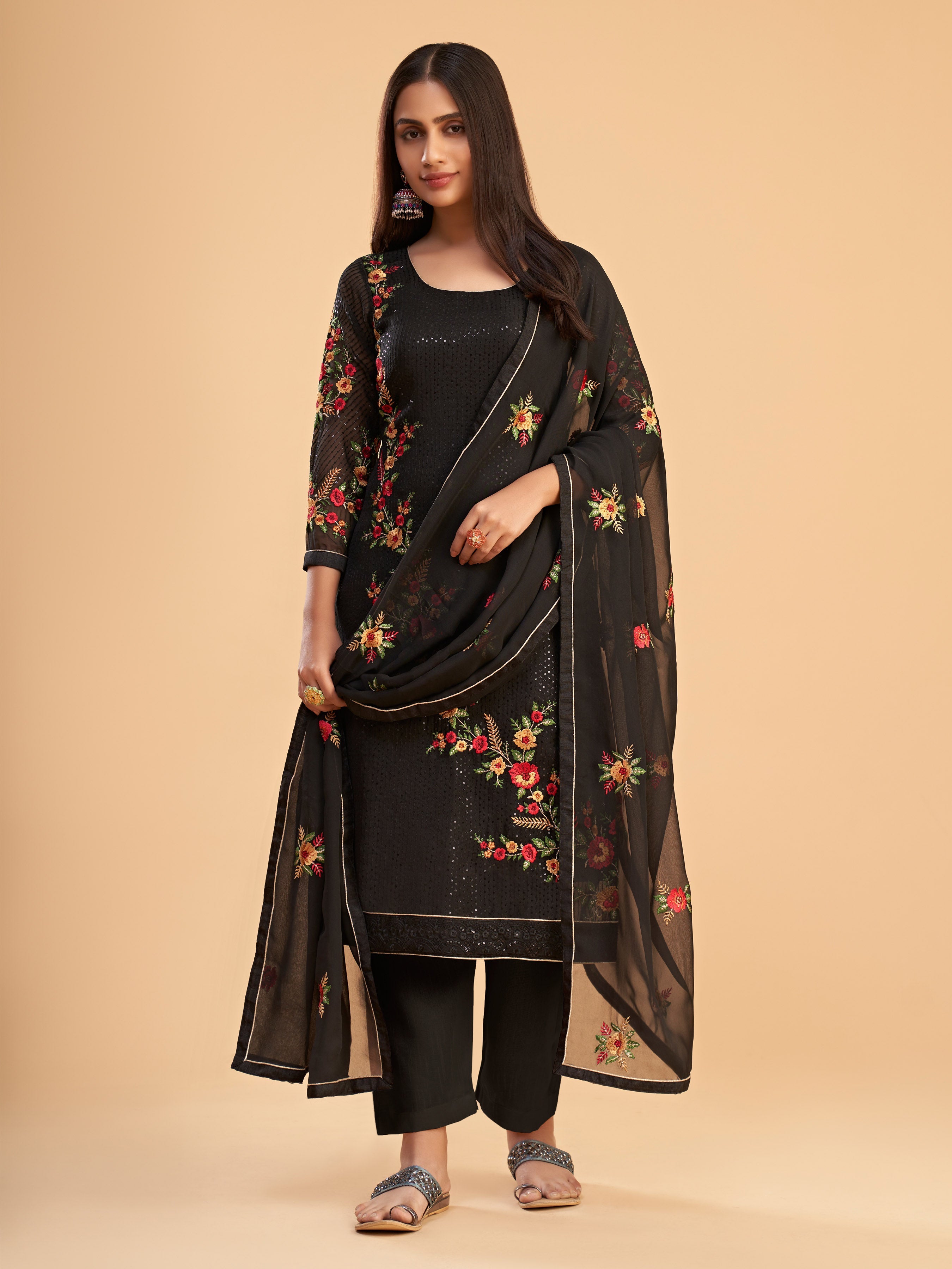 Black Georgette Kurta Set With Sequins, Multi Thread And Zari Embroidered Work